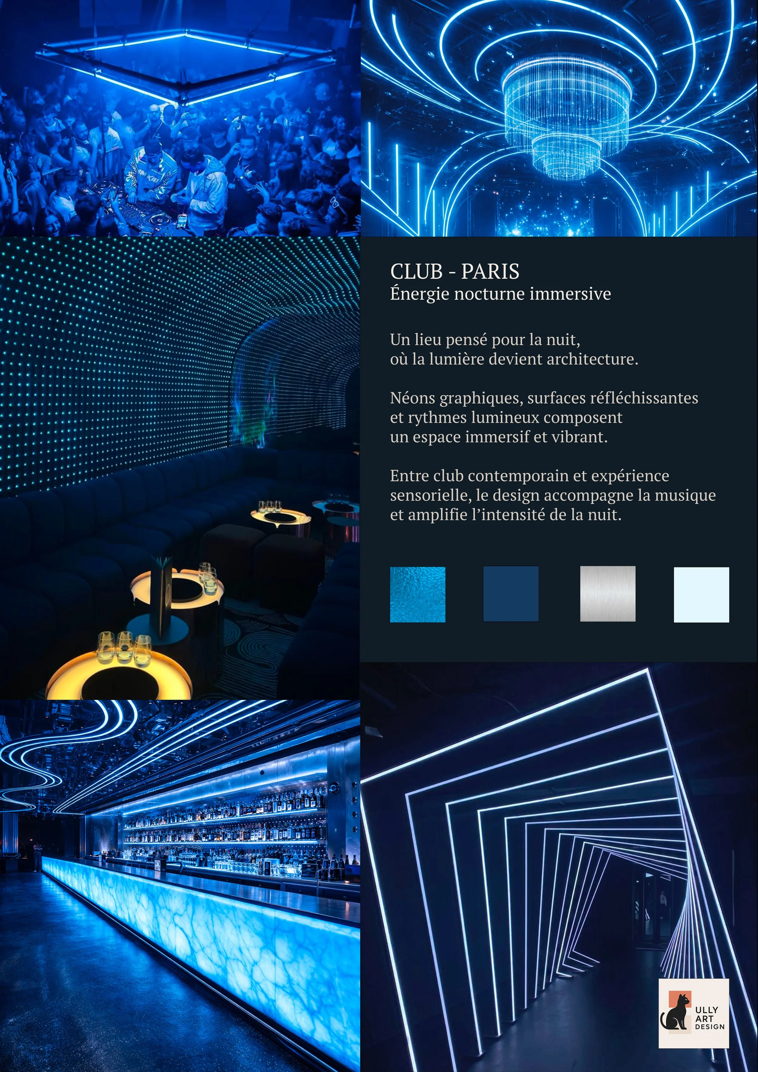 Public dansant dans un club parisien avec décor lumineux bleu et violet, cabine de DJ, lounge avec éclairage LED bleu, bar illuminé, et installation artistique d'arcs lumineux.