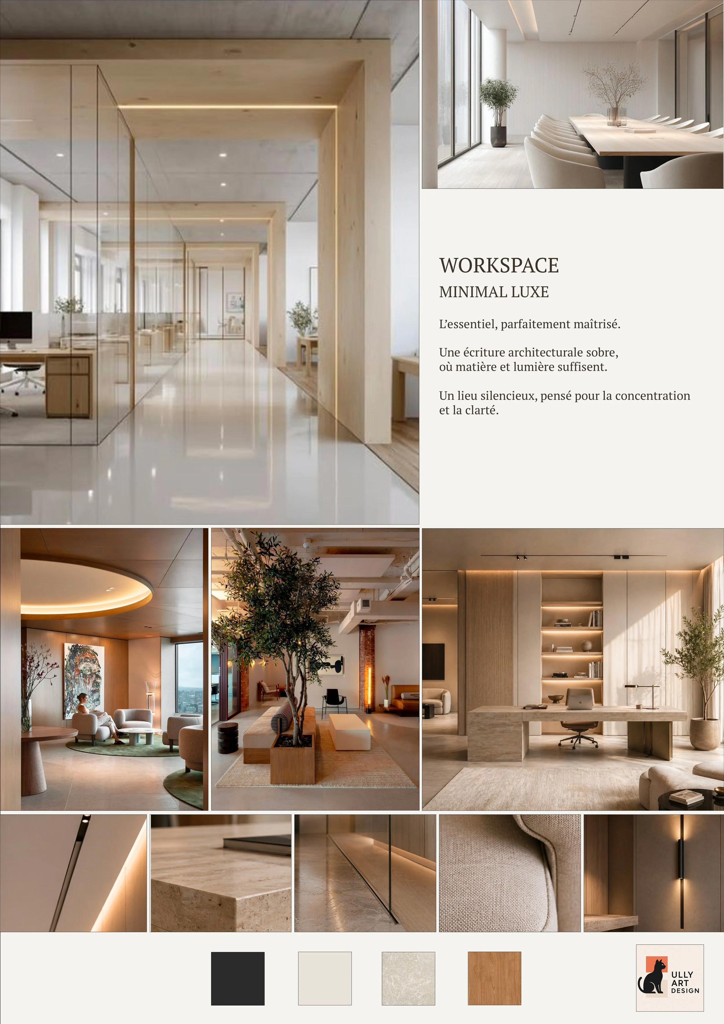 Collage de plusieurs images d'espaces de bureaux modernes avec design minimaliste, mobilier en bois clair, végétation intérieure, murs en matériaux naturels, ambiance lumineuse et épurée.