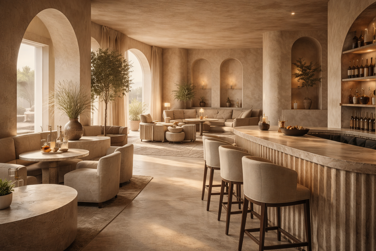 Salon intérieur avec mobilier beige, plantes en pot, grands fenêtres avec rideaux, coin bar en marbre, étagères avec bouteilles, ambiance chaleureuse et lumineuse