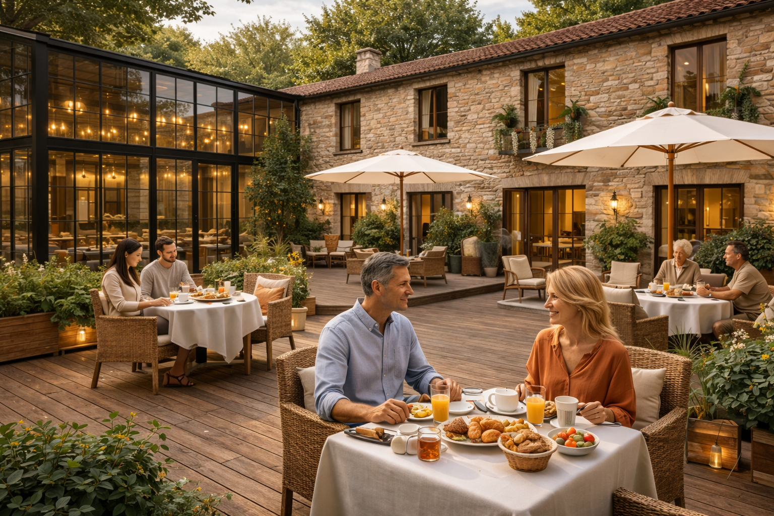 Un groupe de personnes souriantes dégustant un petit déjeuner en plein air dans un patio avec mobilier confortable, entouré de végétation, avec une maison en pierre en arrière-plan, lors d'une matinée ensoleillée.