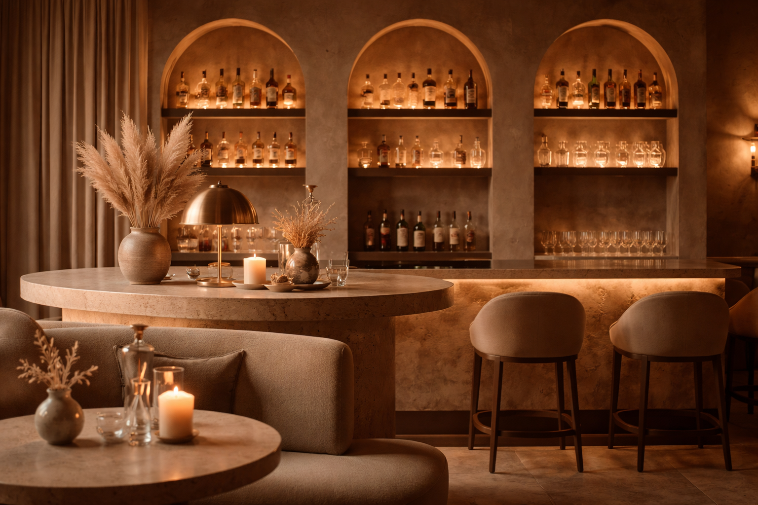 Un bar élégant avec une lumière tamisée, des étagères remplies de bouteilles de boissons alcoolisées, un comptoir en pierre, des sièges avec rembourrage beige, et des décorations de vases avec des fleurs séchées et des bougies.