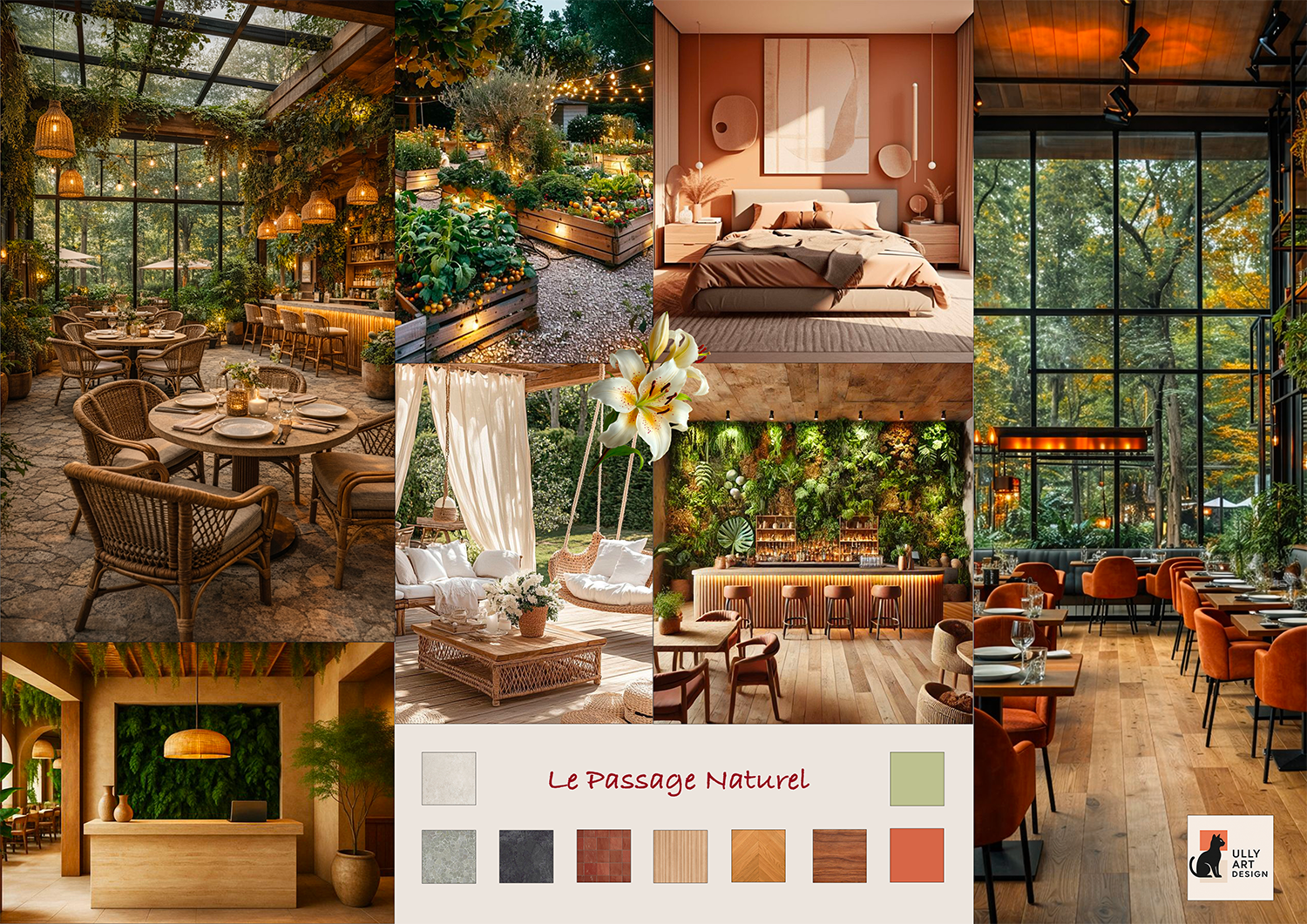 Collage de plusieurs intérieurs et extérieurs accueillants et naturels, comprenant un restaurant en serre, un jardin de légumes, une chambre minimaliste, une salle à manger chaleureuse, un salon avec canapés en plein air, une terrasse ensoleillée avec rideaux, un bar vert, et une salle à manger élégante avec fenêtres panoramiques sur la nature.
