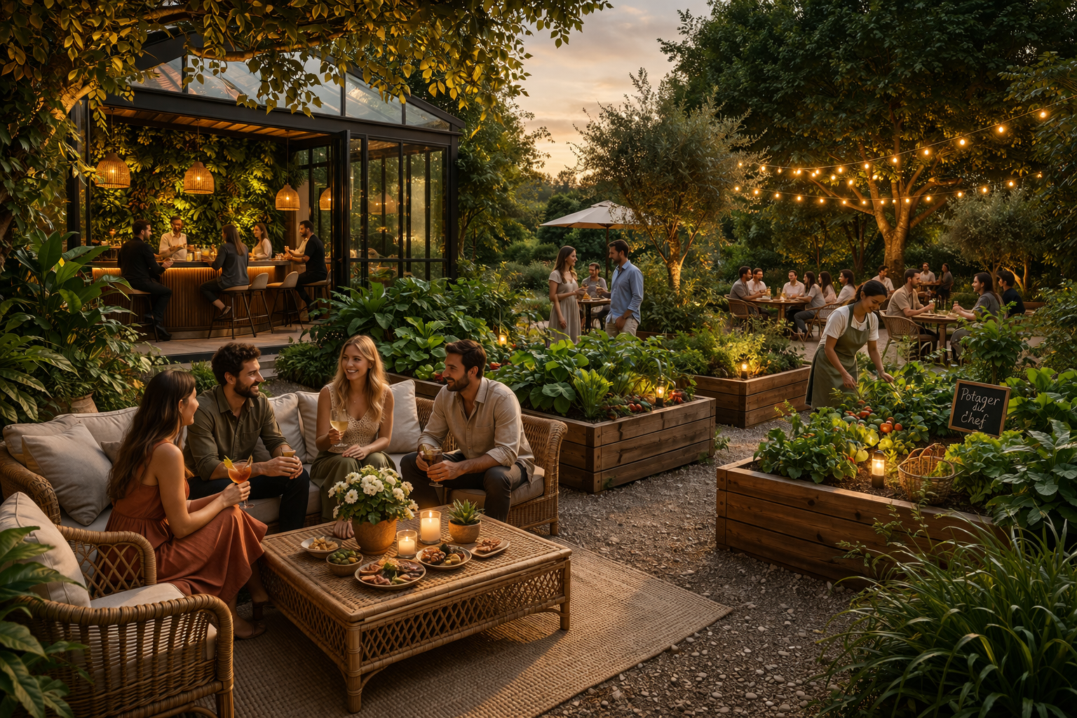 Un groupe de personnes profitant d'une soirée dans un jardin en plein air, avec un coin bar intérieur visible à gauche, éclairage tamisé, et un espace de restauration extérieur où des gens dînent et une personne est en train de cuisiner un potager.