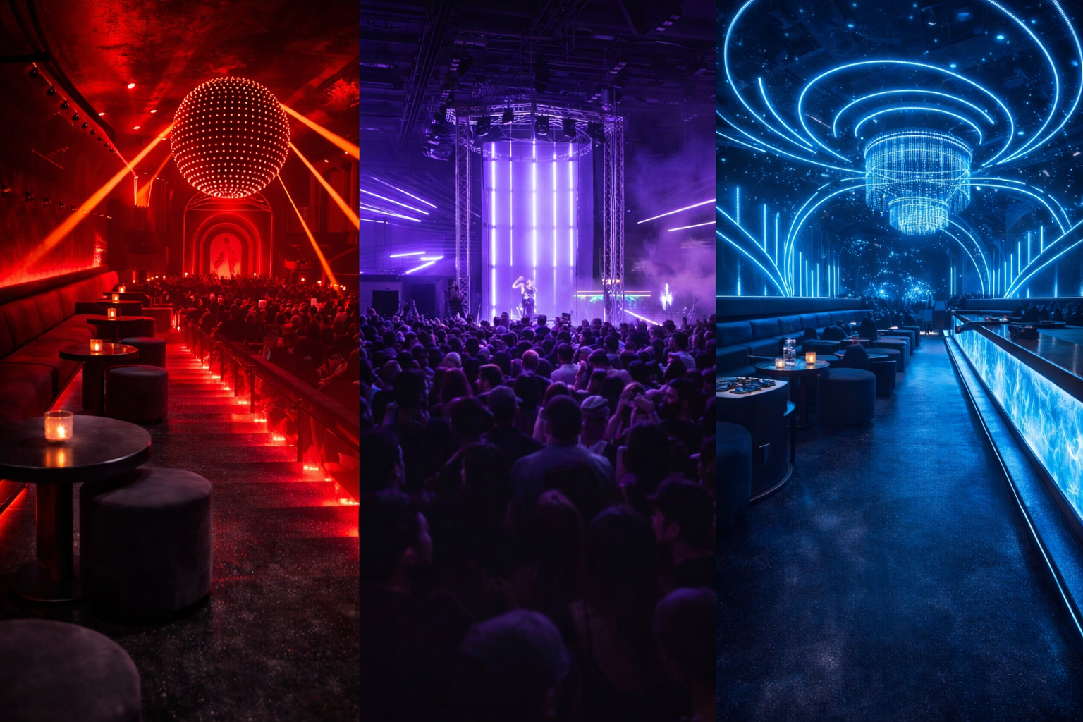 Trois clubs ou discothèques avec décorations lumineuses colorées, ambiance moderne et festive, un avec une grande boule lumineuse rouge, le second avec des écrans lumineux et un spectacle, le dernier avec des lumières bleues et chandeliers suspendus.