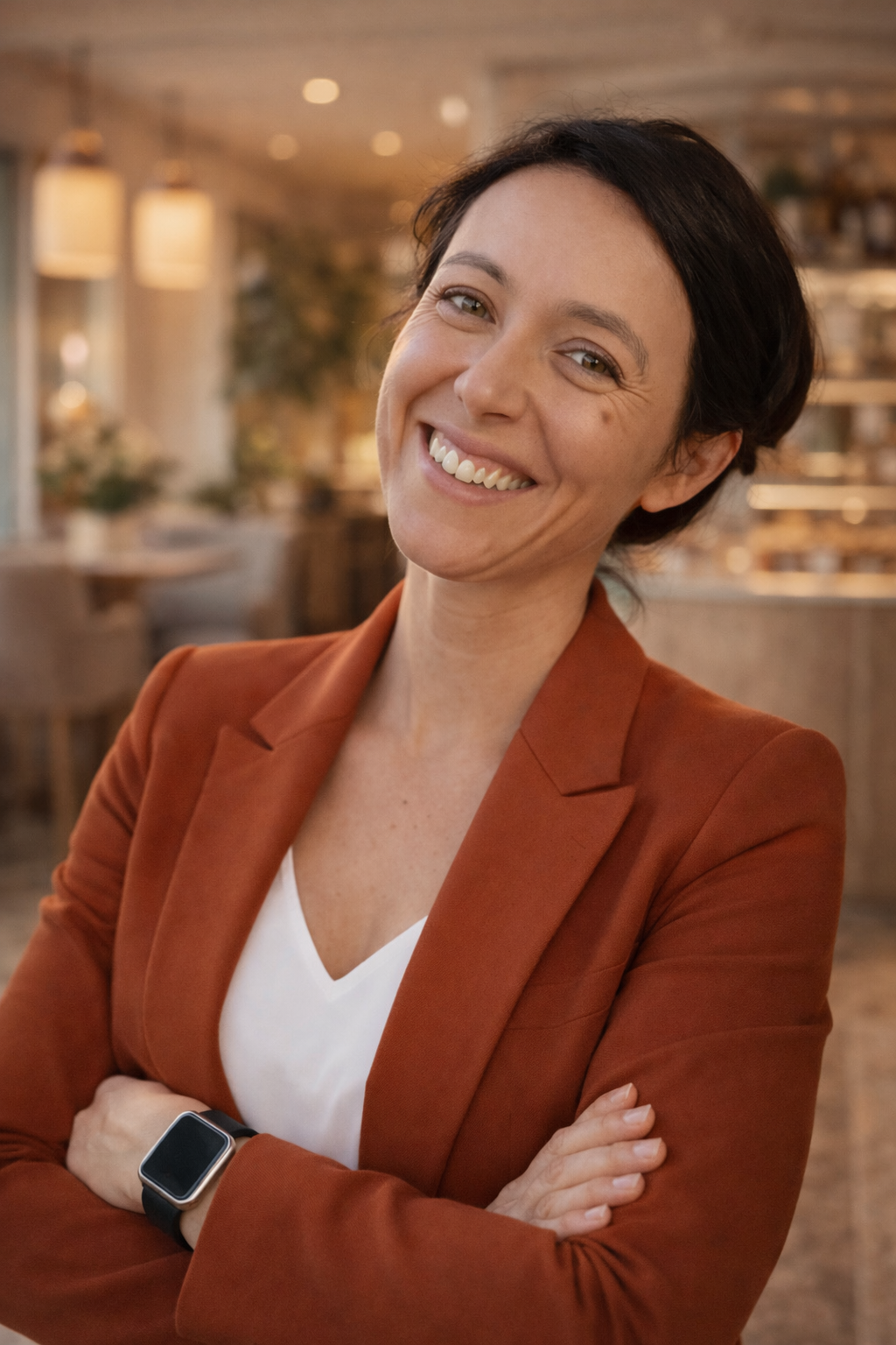 Femme souriante avec une veste marron clair, bras croisés, dans un restaurant ou café