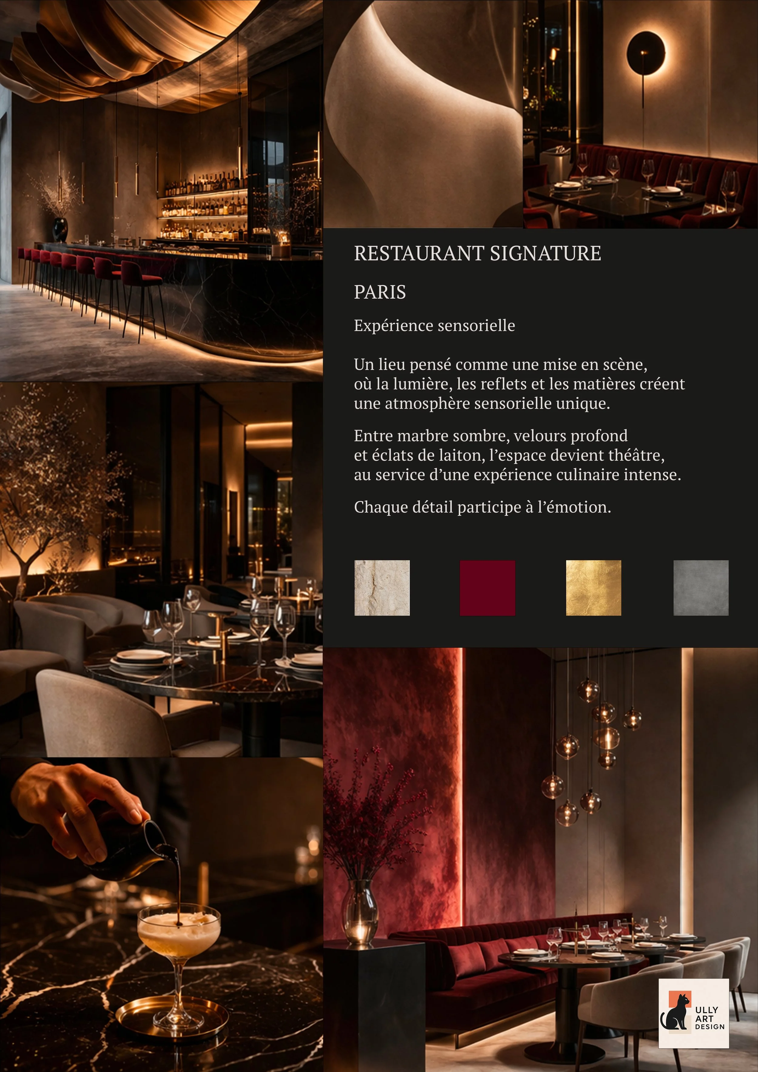 Page de présentation d'un restaurant élégant avec plusieurs images interior, bar, tables, ambiance chaleureuse et moderne, avec du mobilier sophistiqué et une décoration minutieuse.