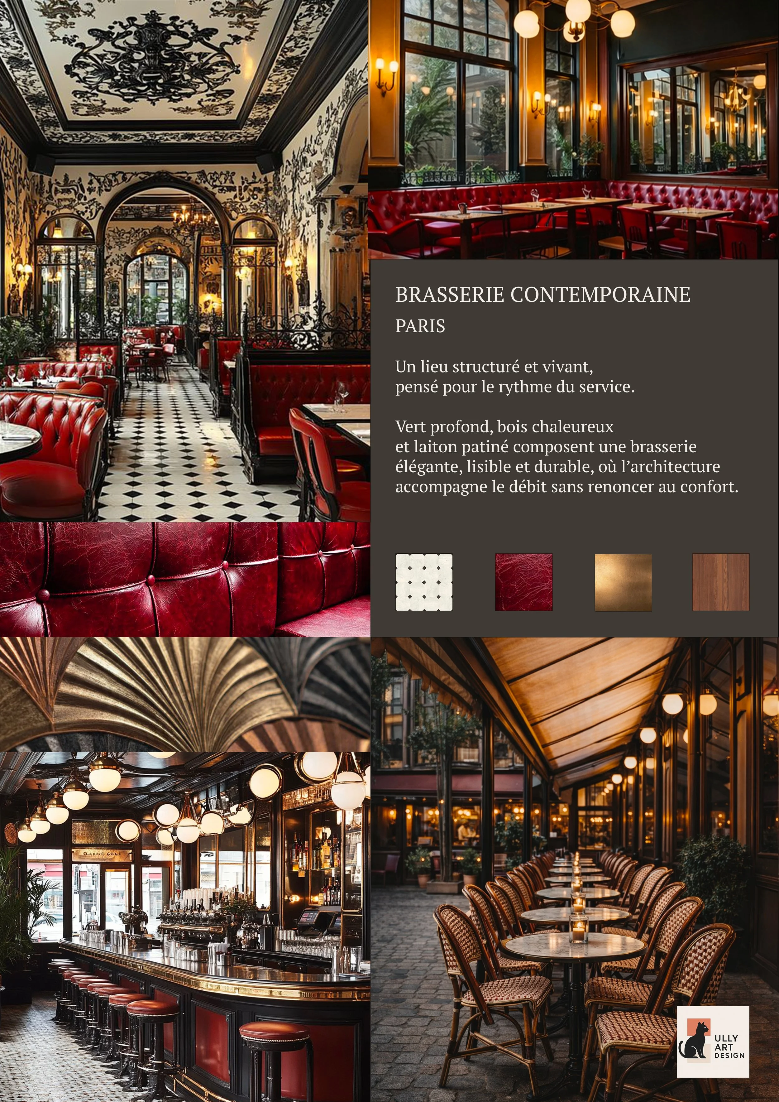Intérieur d'une brasserie parisienne élégante avec des banquettes en cuire rouge, des luminaires suspendus, des fenêtres en verre, et un bar avec tabourets.