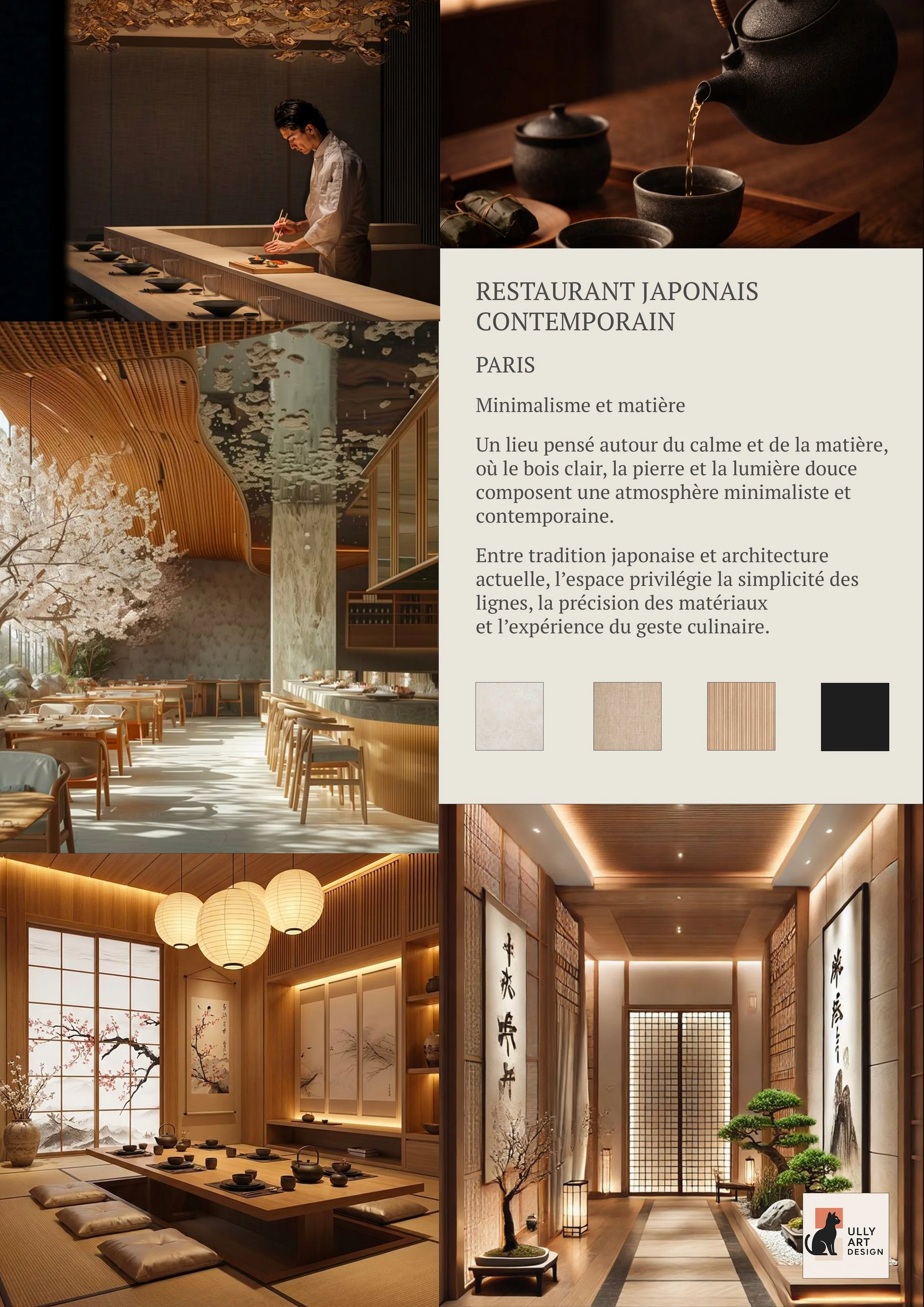 Une page présentant un restaurant japonais contemporain à Paris, avec des images d'intérieurs minimalistes, un chef préparant des plats, et des éléments de décoration japonaise, accompagnée d'une description en français.