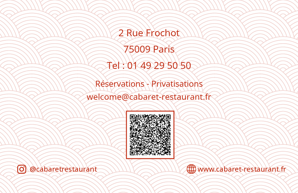 Carte de visite pour un restaurant cabaret avec adresse, numéro de téléphone, adresse email, liens Instagram et site web, et un code QR, sur un fond décoratif avec un motif de vagues.