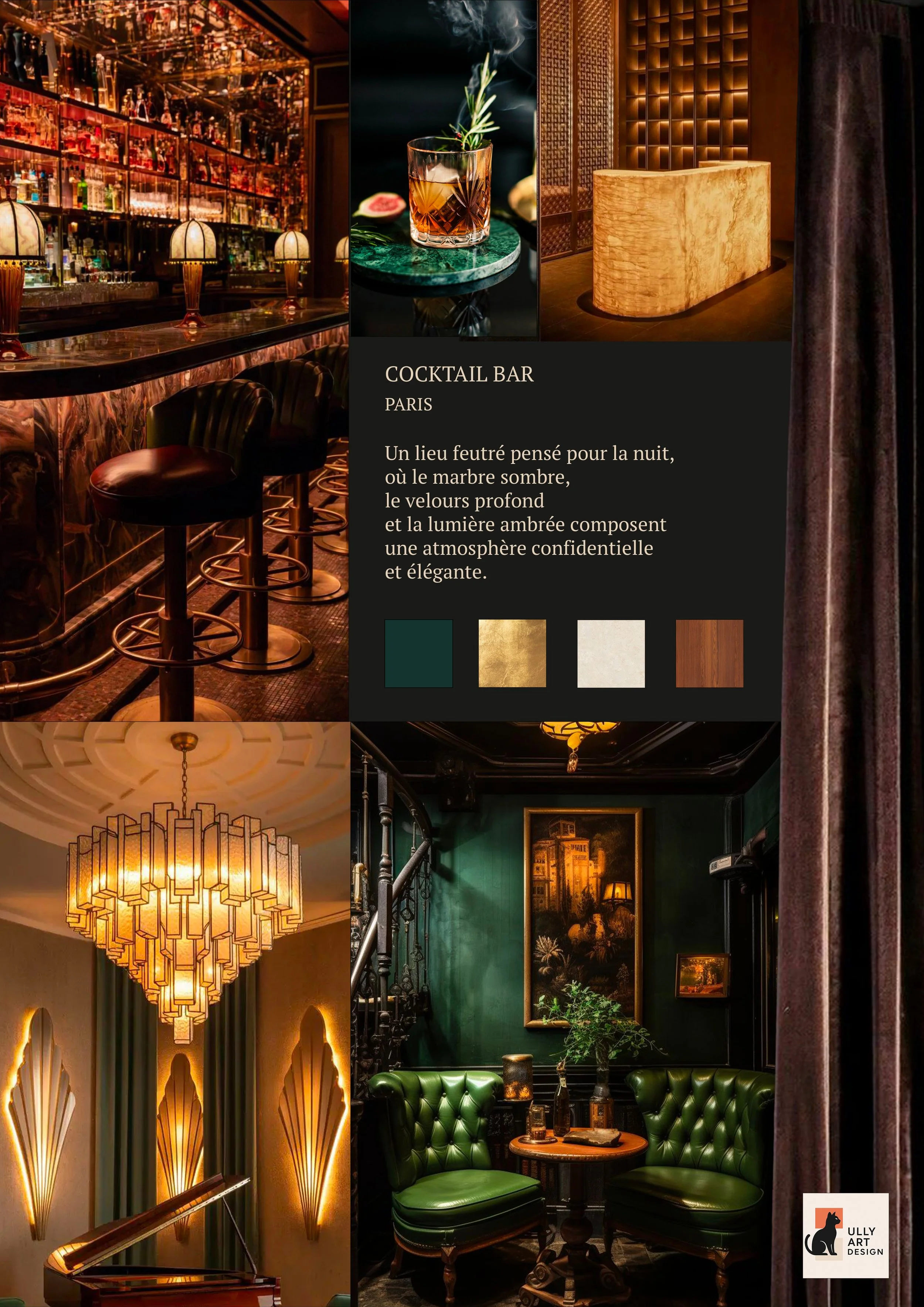 Intérieur d'un bar à cocktails parisien avec décoration chaleureuse et élégante, comprenant un comptoir en marbre, des fauteuils en cuir, un chandelier lumineux et un coin salon avec deux fauteuils verts en cuir.