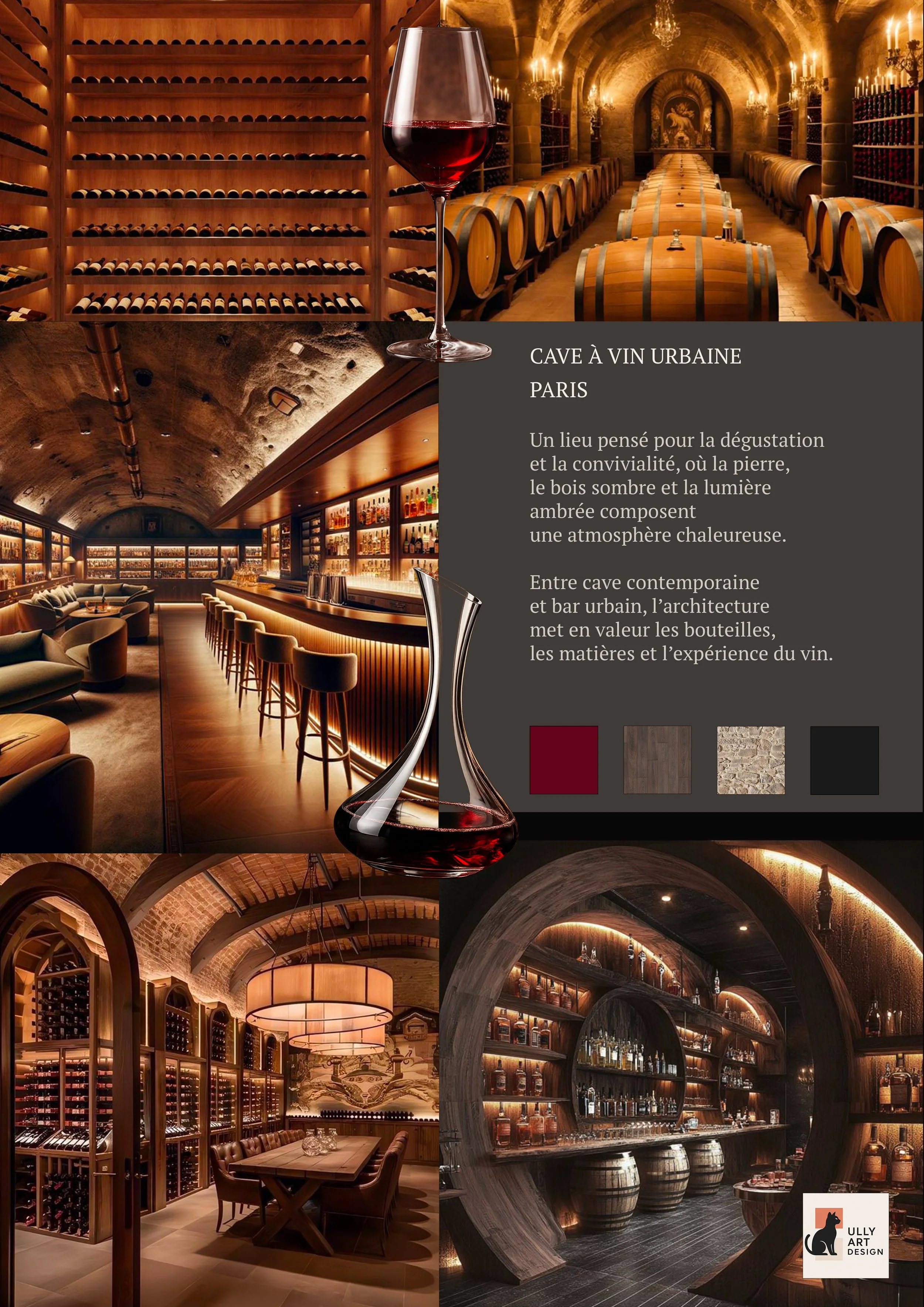 Une mosaïque d'images montrant différents espaces d'une cave à vin urbaine à Paris, avec des rangées de bouteilles, un bar moderne, des tonneaux en bois, un décor en pierre avec des arches, et des étagères de bouteilles de whisky.