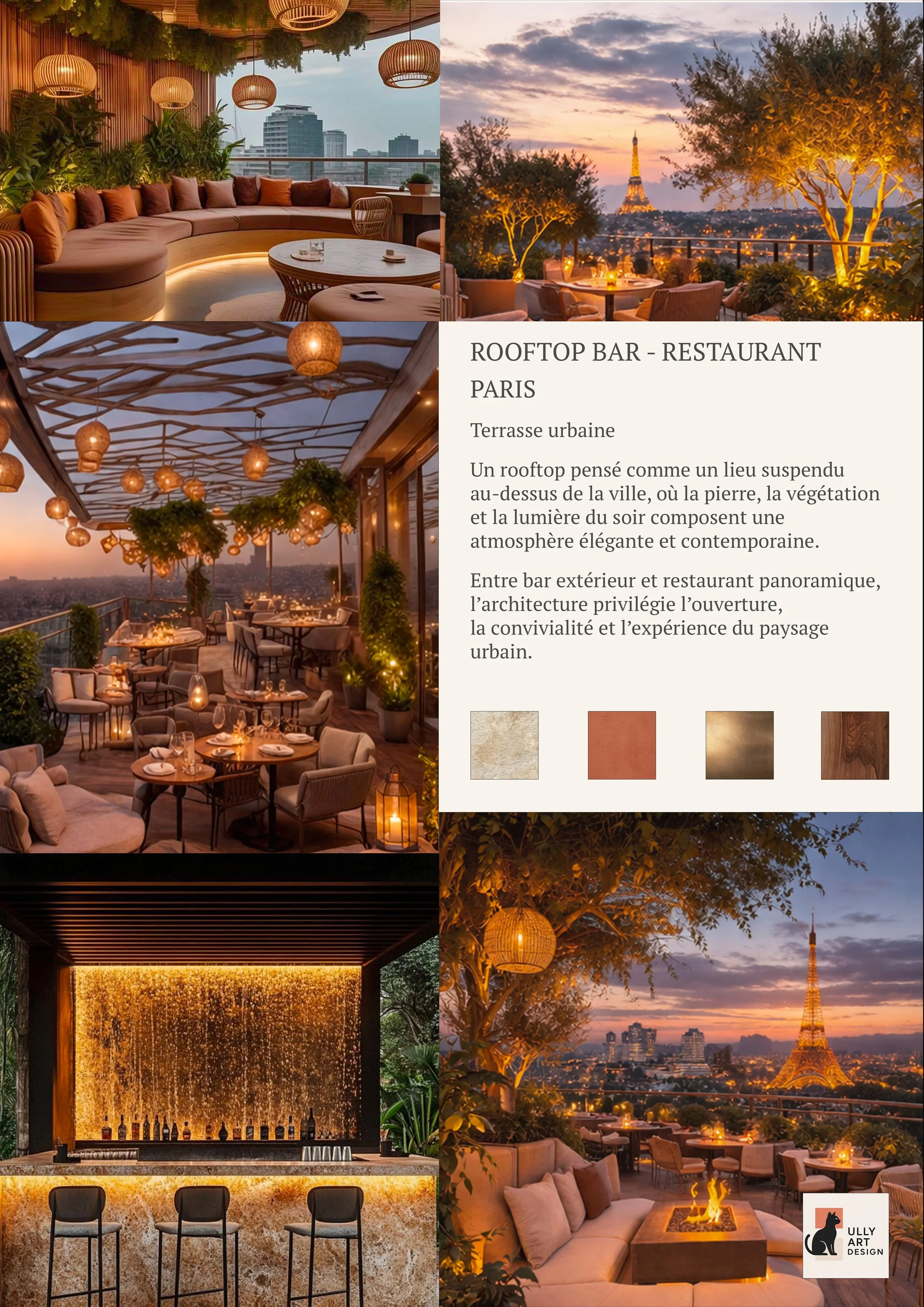 Images d'une terrasse urbaine sur un toit de Paris avec vue sur la Tour Eiffel, décorée avec des éclairages chaleureux, des plantes et des meubles confortables, ambiance élégante et contemporaine, incluant un espace bar avec un comptoir en pierre et un éclairage d'ambiance.