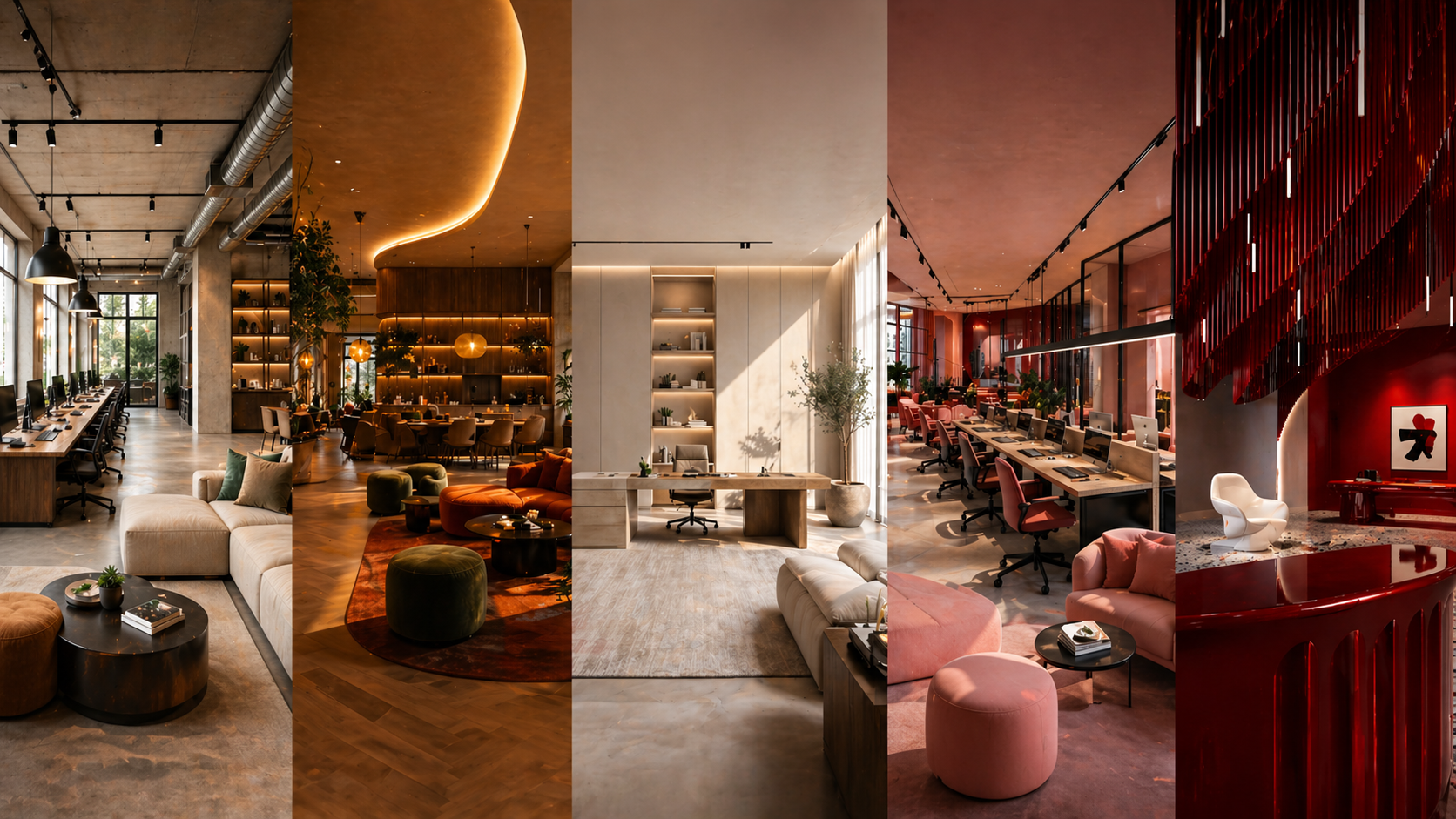 Collage de cinq espaces de bureau modernes avec différents styles de décoration intérieure, comprenant des zones de travail avec des ordinateurs, des espaces de réunion avec des meubles confortables, et un espace créatif avec une ambiance chaleureuse et des éléments décoratifs distinctifs.