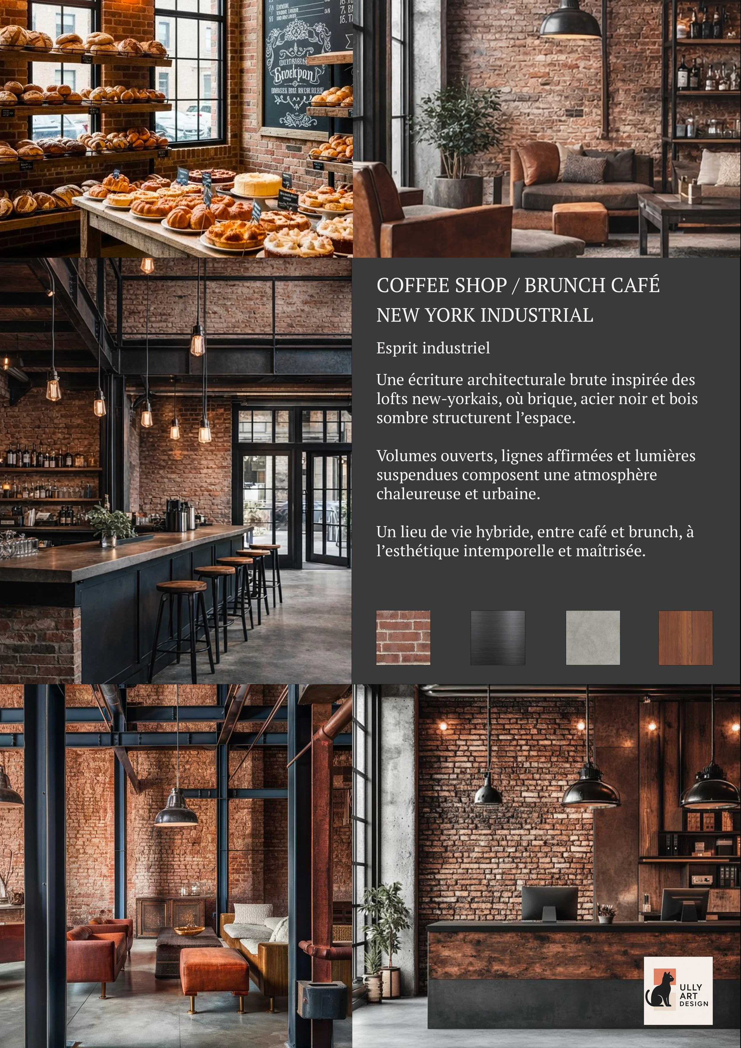 Un intérieur de coffee shop et salon de thé avec un style industriel industriel et moderne, comprenant une zone de dégustation avec étagères de pâtisseries et un comptoir au design brut en bois, acier noir, briques apparentes, et un espace lounge avec canapés et tables.
