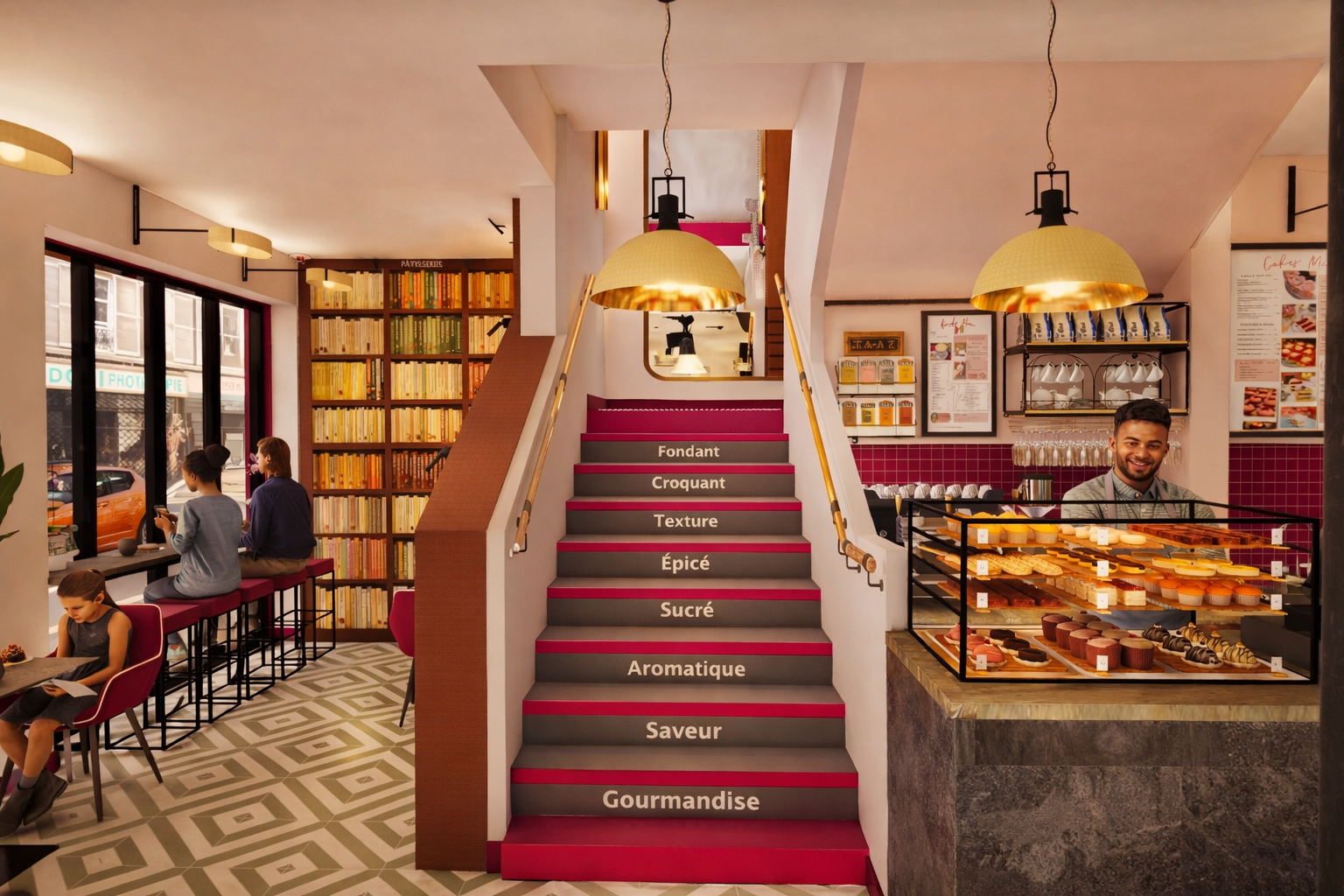 Intérieur d'une pâtisserie avec une étagère de livres colorés en fond, une vitrine avec des desserts, un homme derrière le comptoir, et des clients assis près de la fenêtre.