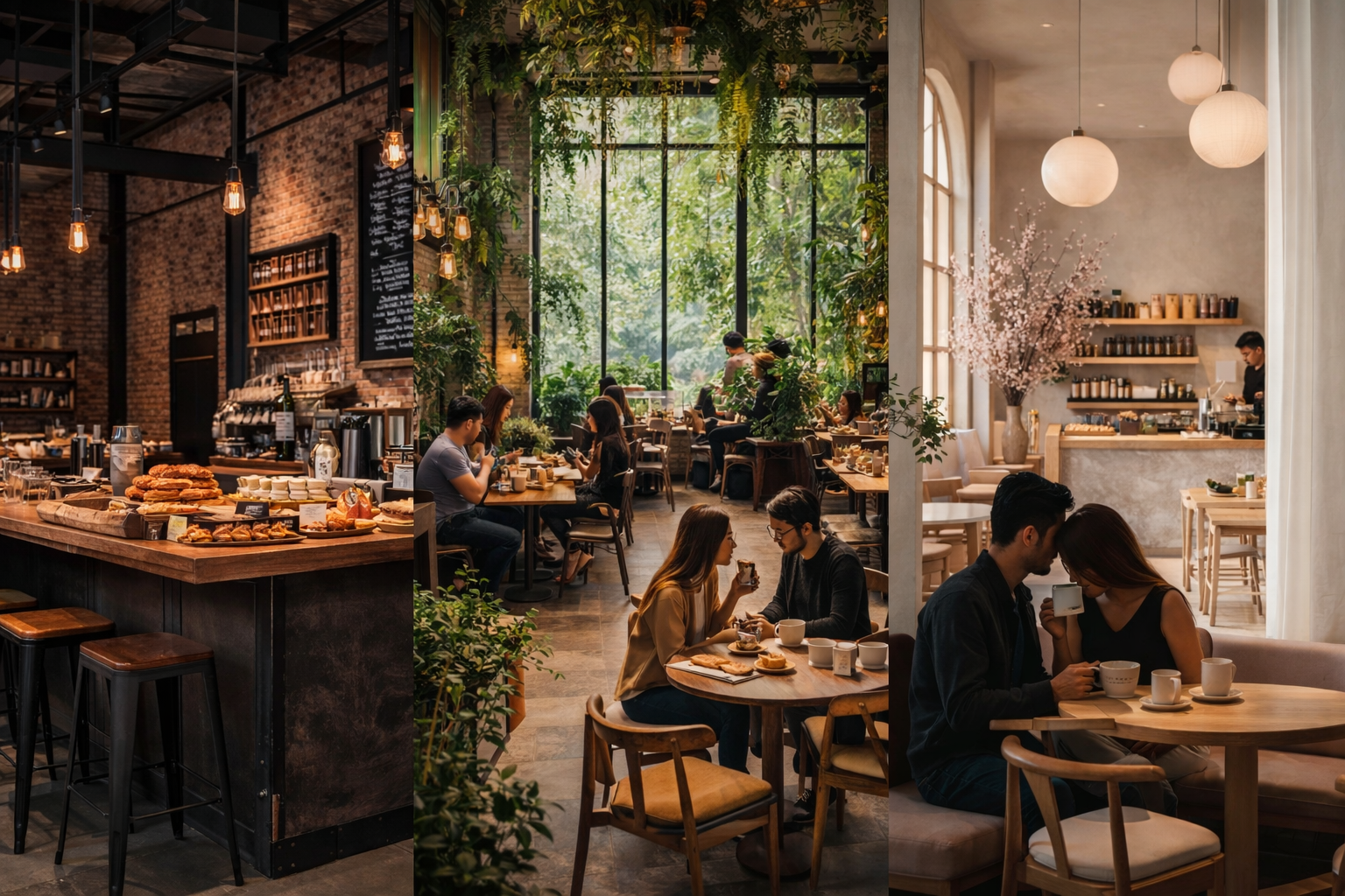 L'intérieur d'un café animé avec des clients mangeant, buvant du café, et profitant d'une ambiance chaleureuse et moderne, avec une grande fenêtre laissant entrer la lumière naturelle.
