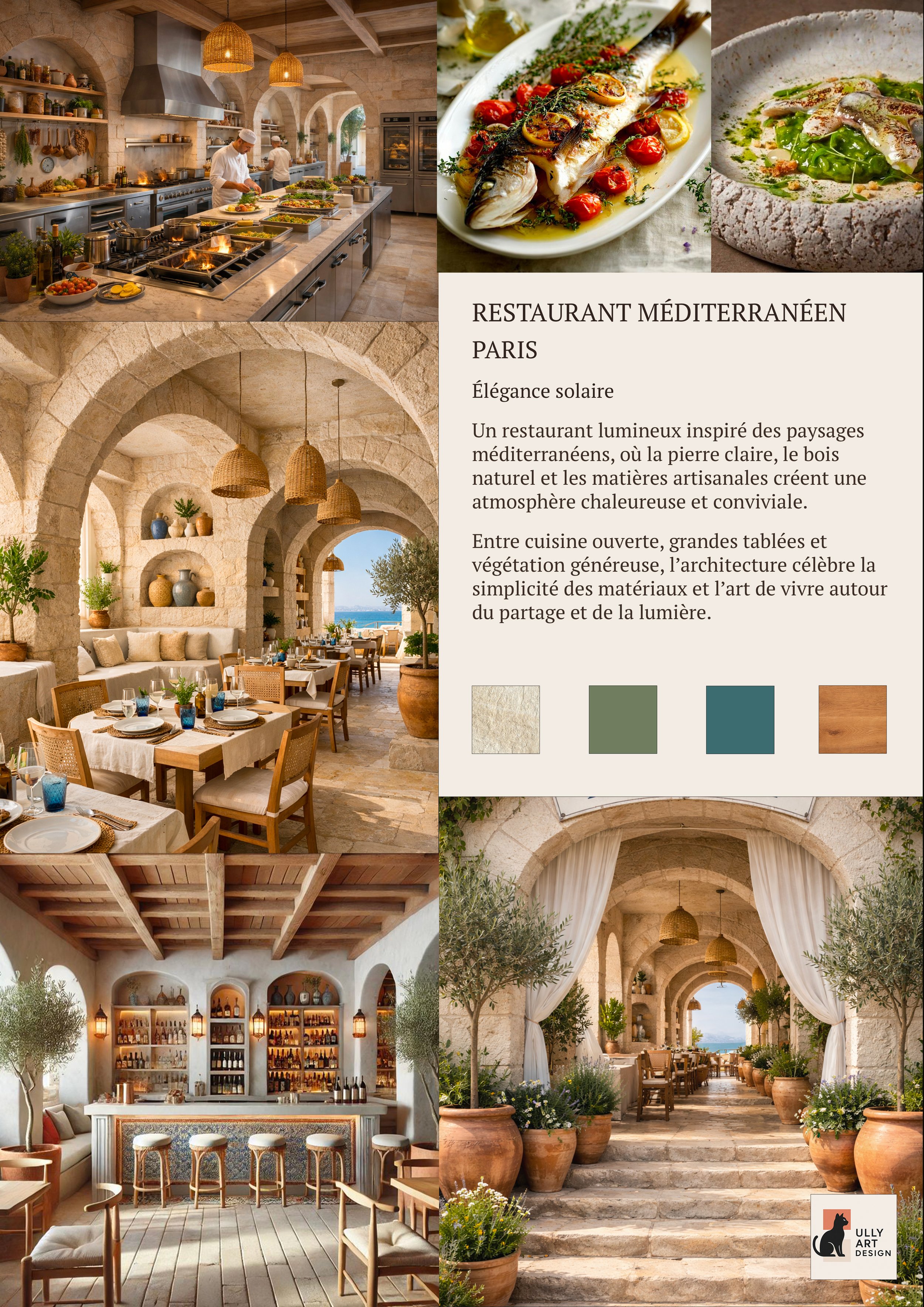 Photos et texte décrivant un restaurant méditerranéen lumineux avec une cuisine ouverte, intérieur en pierre, mobilier en bois, décor végétal, un bar avec bouteilles, et une terrasse avec vue sur la mer, ambiance chaleureuse et conviviale.