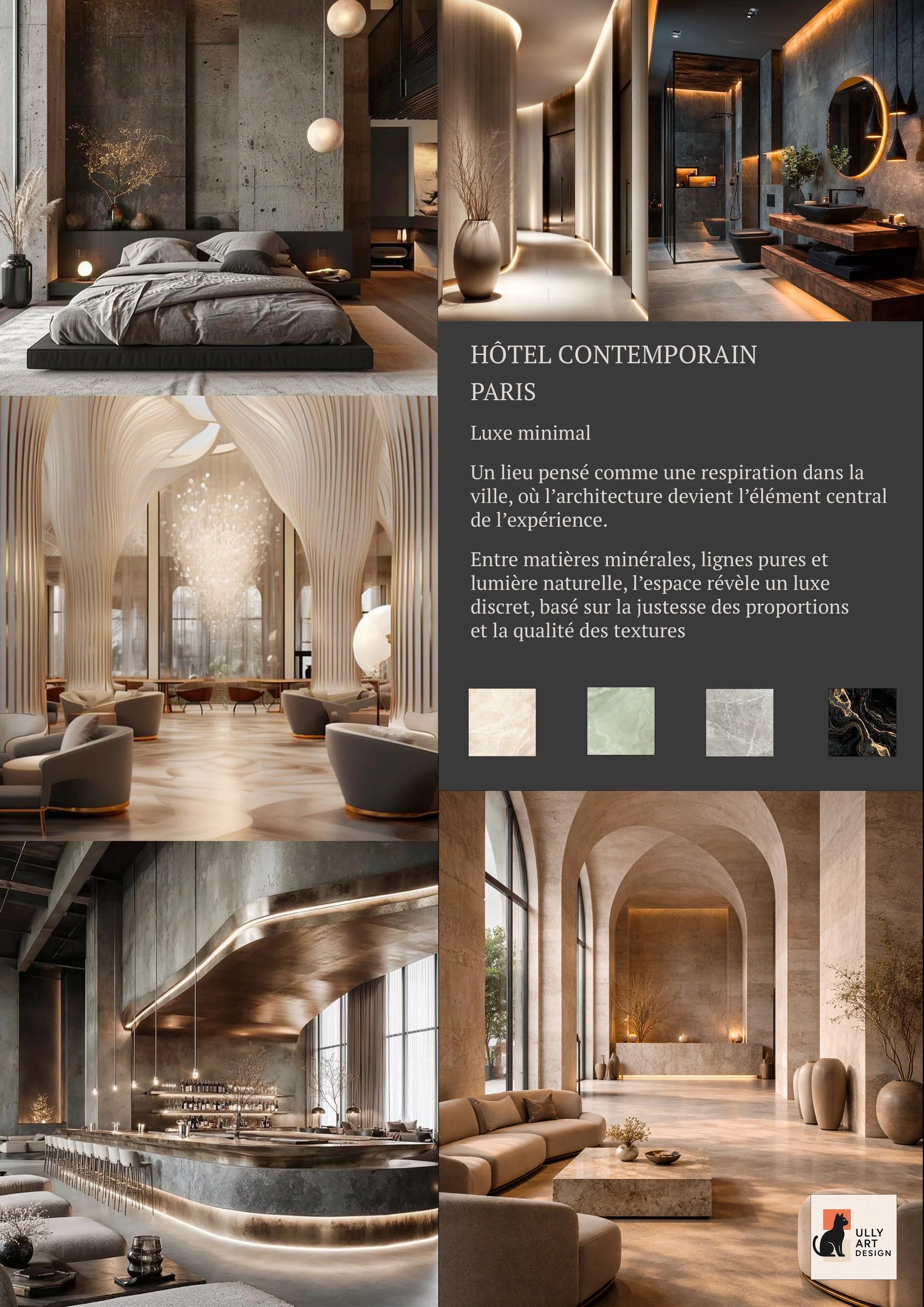Collage de cinq images montrant l'intérieur d'un hôtel contemporain à Paris, avec une chambre minimaliste, un hall élégant avec des colonnes sculpturales, un lounge avec un bar lumineux, une salle de bain moderne et un espace de réception spacieux, tous décorés dans un style minimaliste avec des matériaux naturels et des éclairages doux.