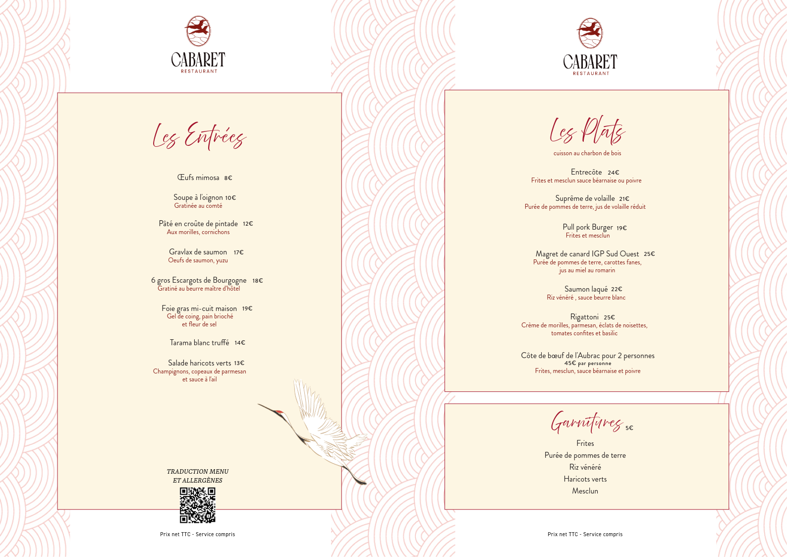 Une menu de restaurant nommé 'Cabaret' proposant des plats et des entrées, avec une illustration d'un martin-pêcheur au bas. La menu est décorative avec un motif de vagues en fond.