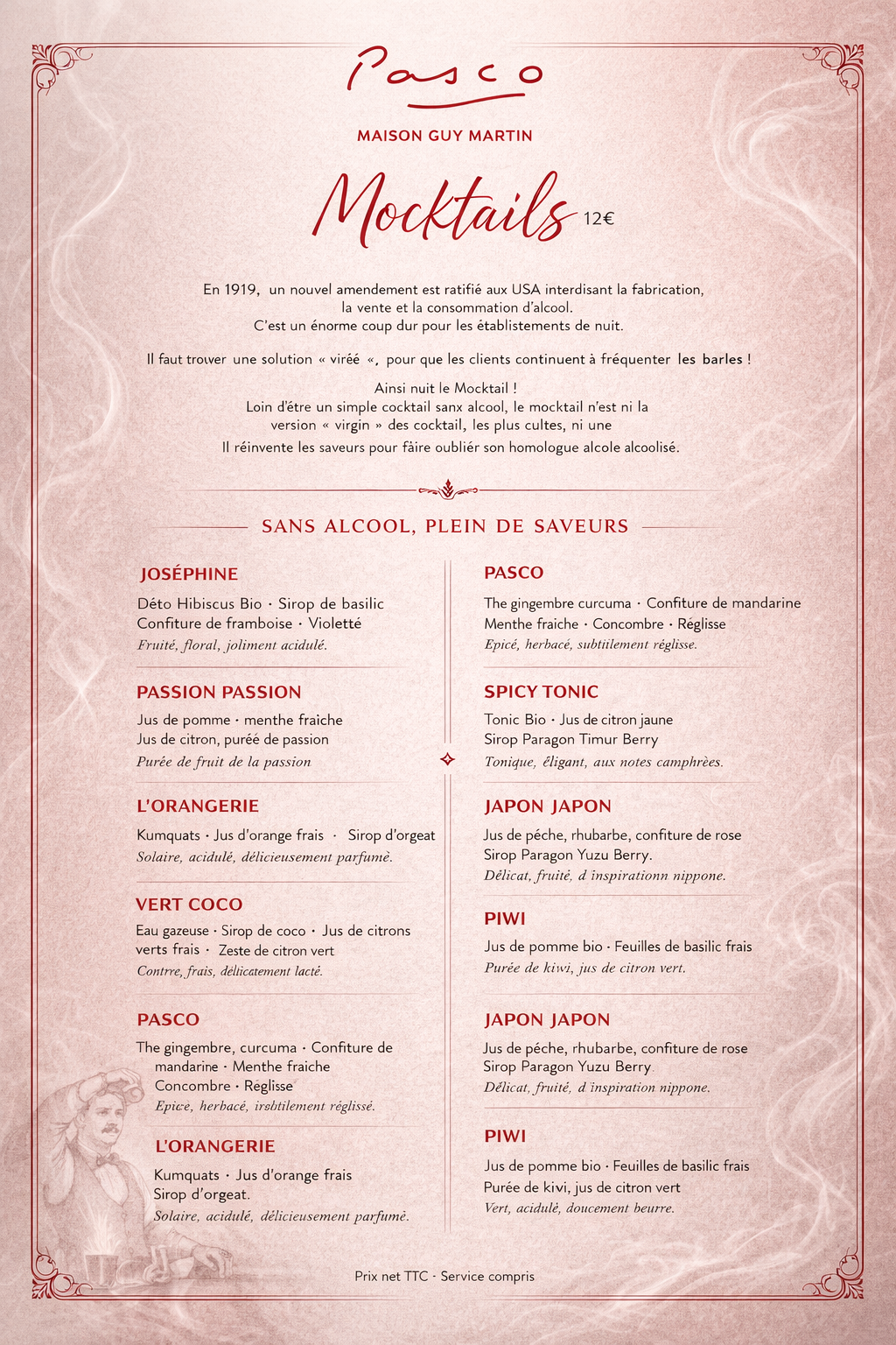 Menu de cocktails sans alcool, avec liste de noms et descriptions en français, décoration rose et détails en rouge.