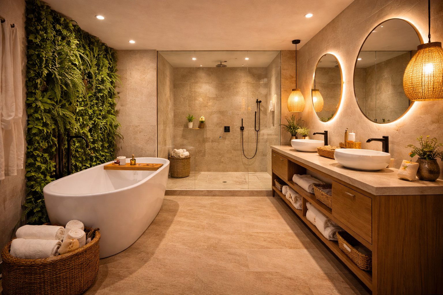 Salle de bain moderne avec baignoire, douche à l'italienne, double lavabo, miroirs ronds avec éclairage, murs en pierre claire et décoration végétale.