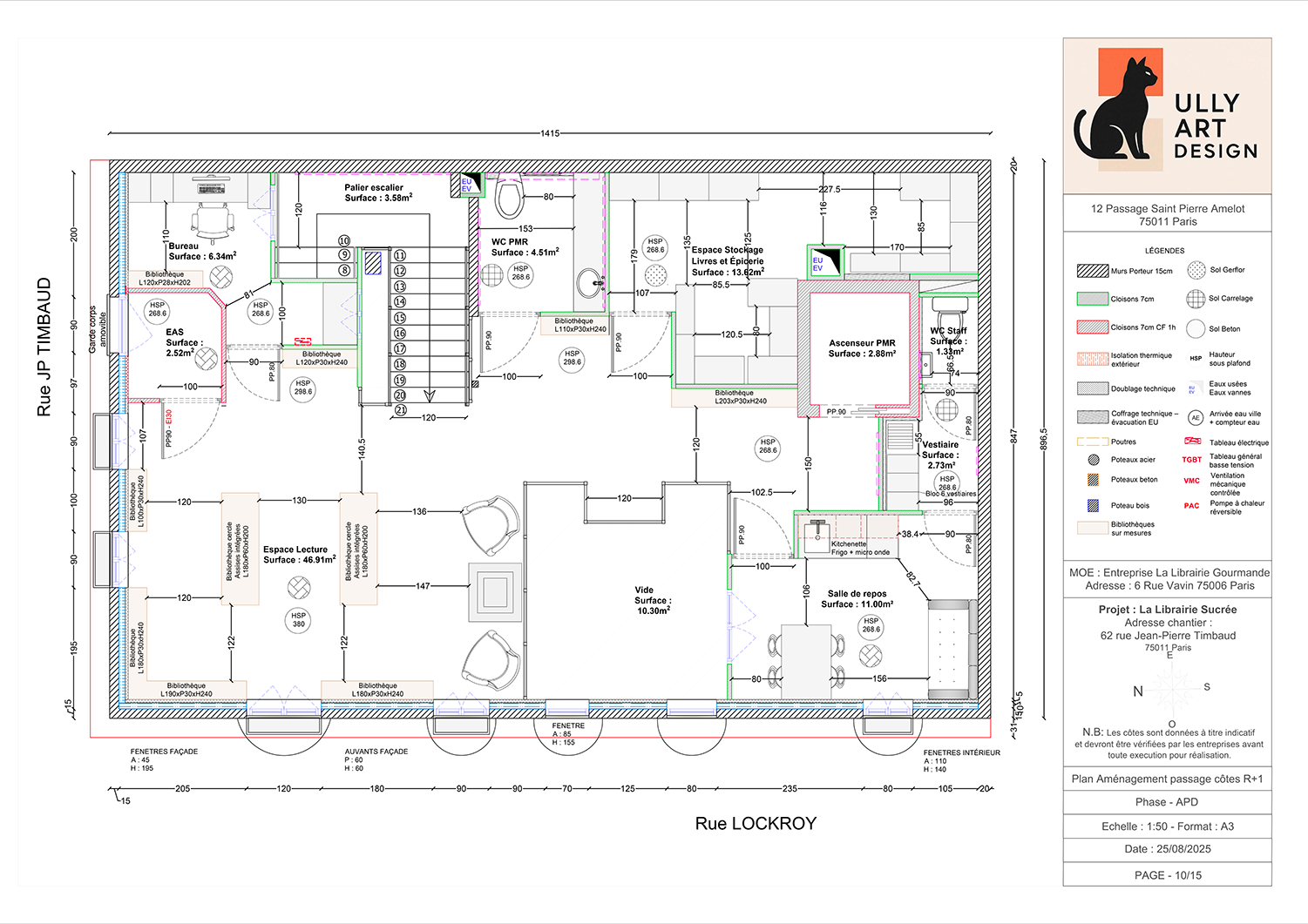 Plan détaillé d'une librairie avec différentes zones telles que espace lecture, stockage, salle de repos, bibliothèque, toilettes, et bureaux, avec des annotations des surfaces et éléments techniques.