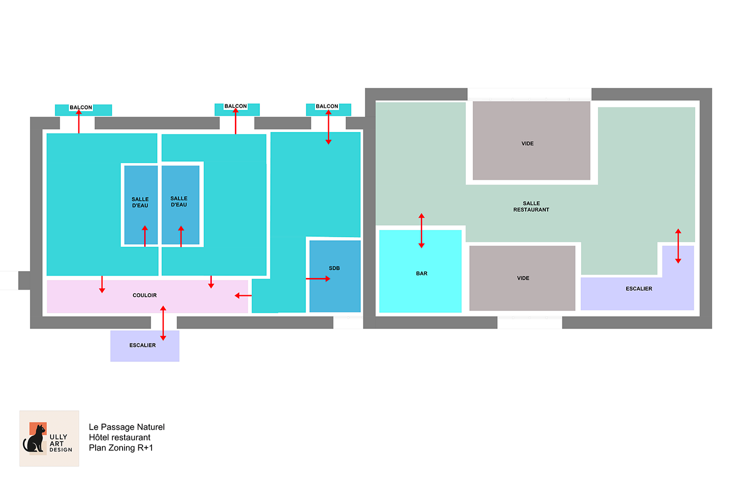 Plan du rez-de-chaussée d'un hôtel avec différentes pièces comme chambres, salle d'eau, salle de restaurant, bar, avec balcons, escaliers et vitrines