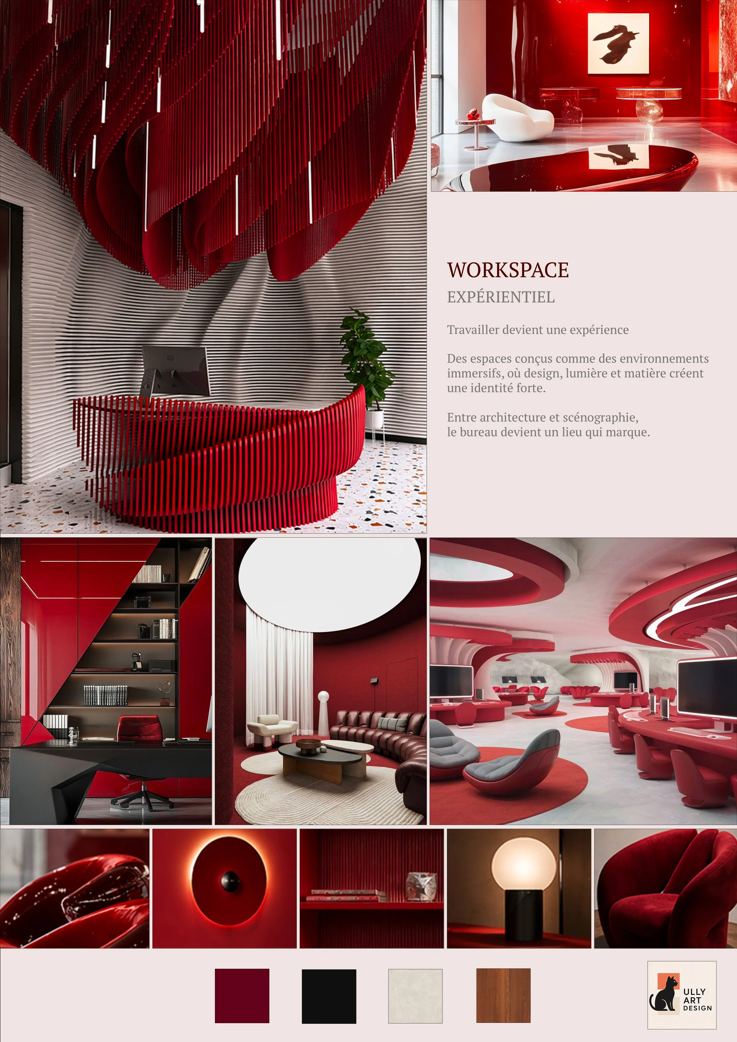Une sélection d'intérieurs modernes principalement en rouge, noir, blanc et gris, comprenant un espace de réception avec un comptoir en bois rouge, une pièce de travail avec mobilier noir et rouge, un salon avec canapé en cuir rouge, fauteuils gris et meubles en bois, un éclairage artistique, ainsi que des éléments de décoration contemporaine.