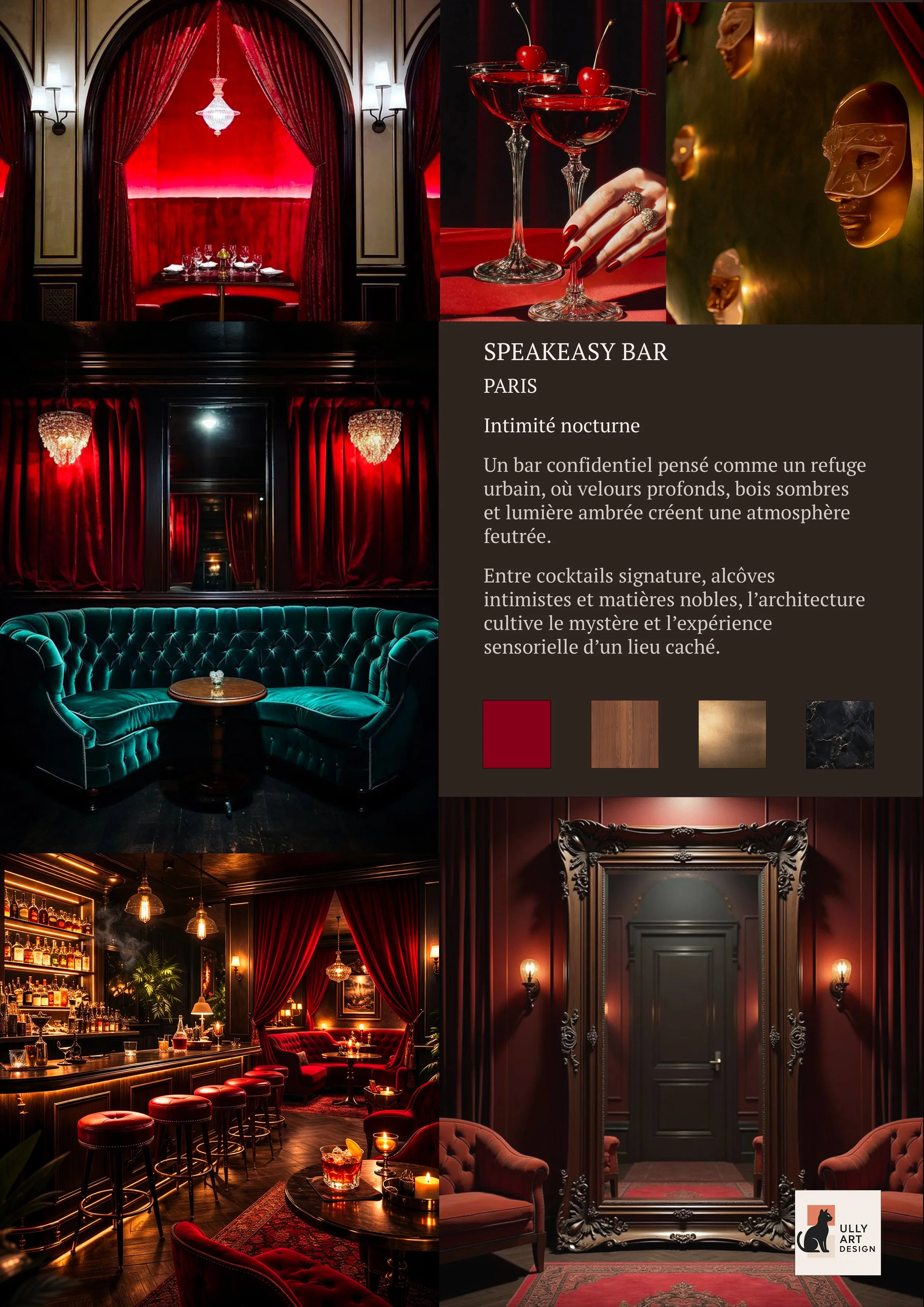 Collage de différentes images de bar et lounge avec décor élégant, rideaux rouges, banquette en velours vert, étagères avec bouteilles, cocktail avec cerises, masques théâtraux, miroir ornemental. Présentation d'un bar privé à l'atmosphère mystérieuse et intime à Paris.