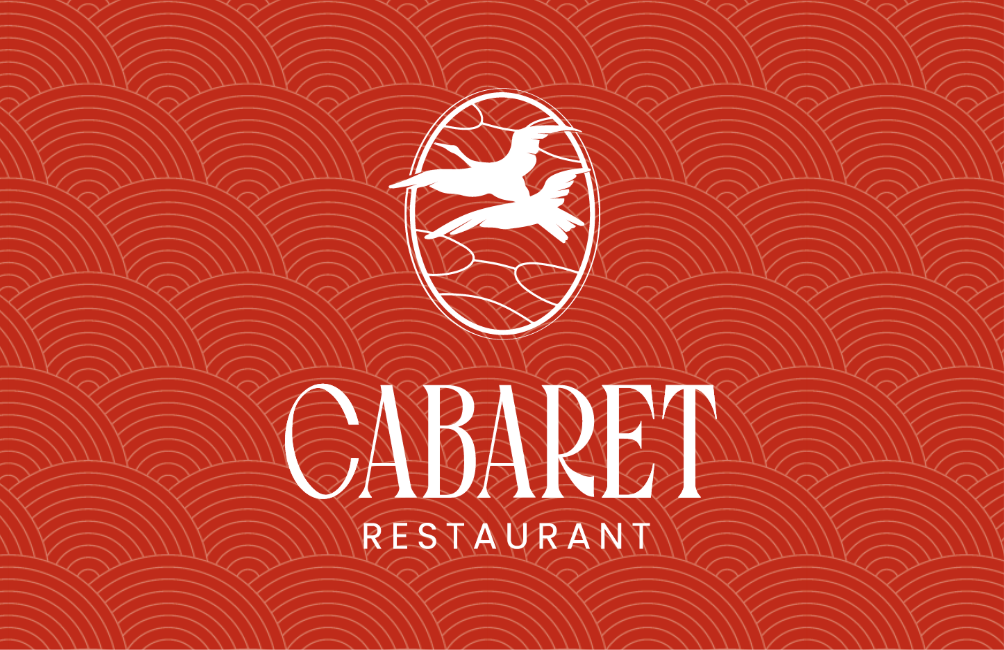 Logo d'un restaurant nommé 'Cabaret' avec deux oiseaux volant dans un cercle, sur un fond rouge avec un motif d'arcs.