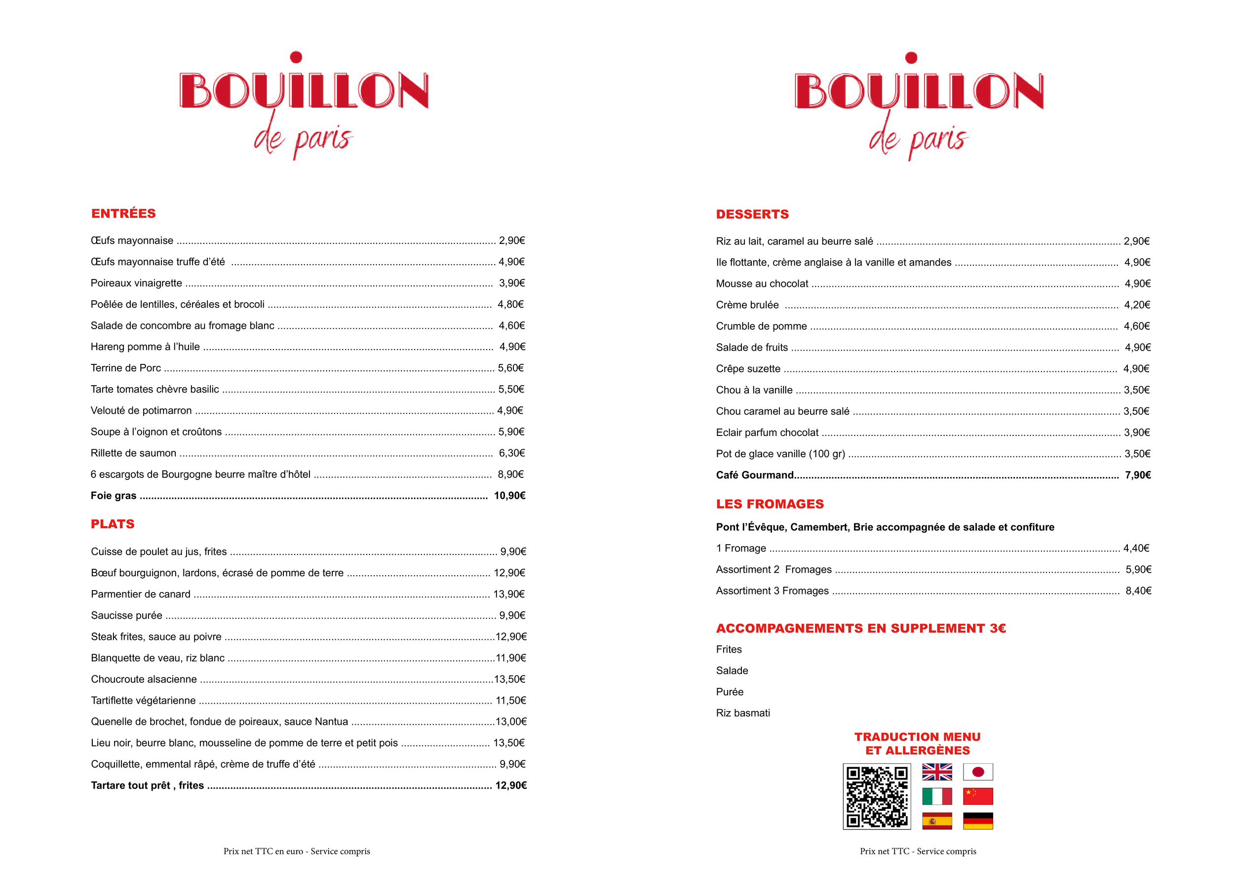 Une page de menu de restaurant intitulée 'Bouillon de Paris' offrant des options d'entrées, plats, desserts, fromages, accompagnements, une traduction multilingue, un QR code, et des drapeaux pour différentes langues et allergènes.
