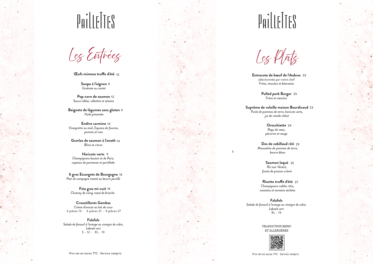 Menu de restaurant avec deux sections : Les Entrées et Les Plats, listant différents plats avec leurs prix et descriptions, sur un fond rose avec éclaboussures de peinture.