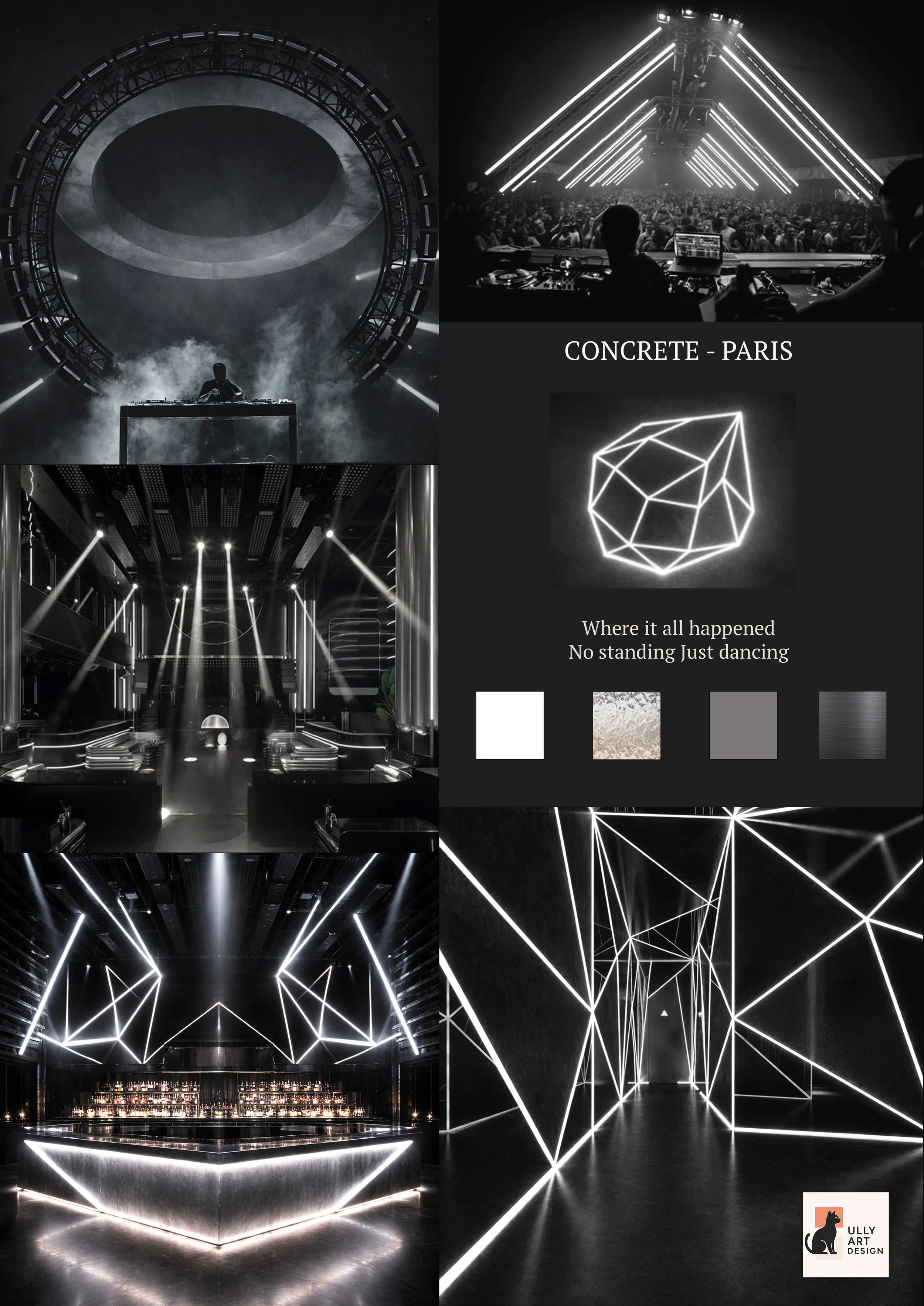 Une cabine de DJ dans un espace noir avec un éclairage de lignes de lumière blanches et d'une décoration géométrique en néon. La section inférieure montre un bar éclairé, tandis que la section droite met en évidence un réseau de lignes lumineuses formant une structure en profondeur. Le haut gauche montre une scène avec une structure circulaire et un DJ avec des lumières, donnant une ambiance de festival ou de club à Paris, sous un ciel nuageux.