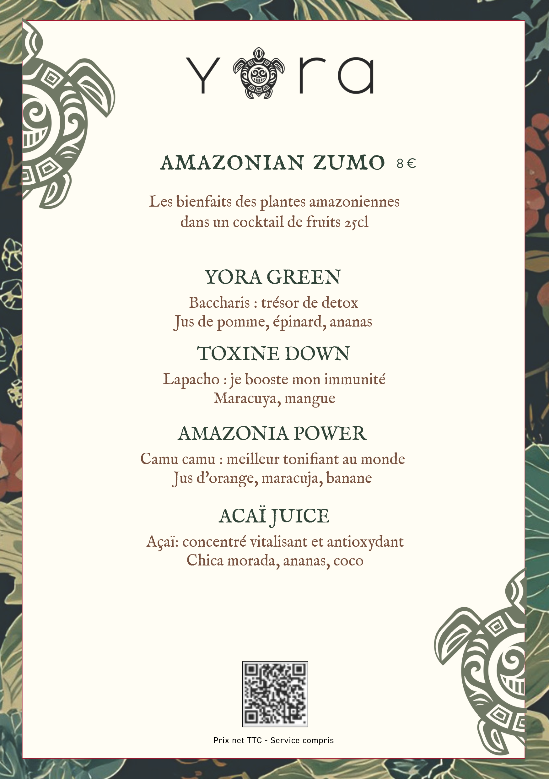 Menu de boissons à thème amazonien avec différentes options de cocktails à base de plantes amazoniennes, de fruits, et de super aliments comme l'açai, présenté sur une feuille de style naturelle.