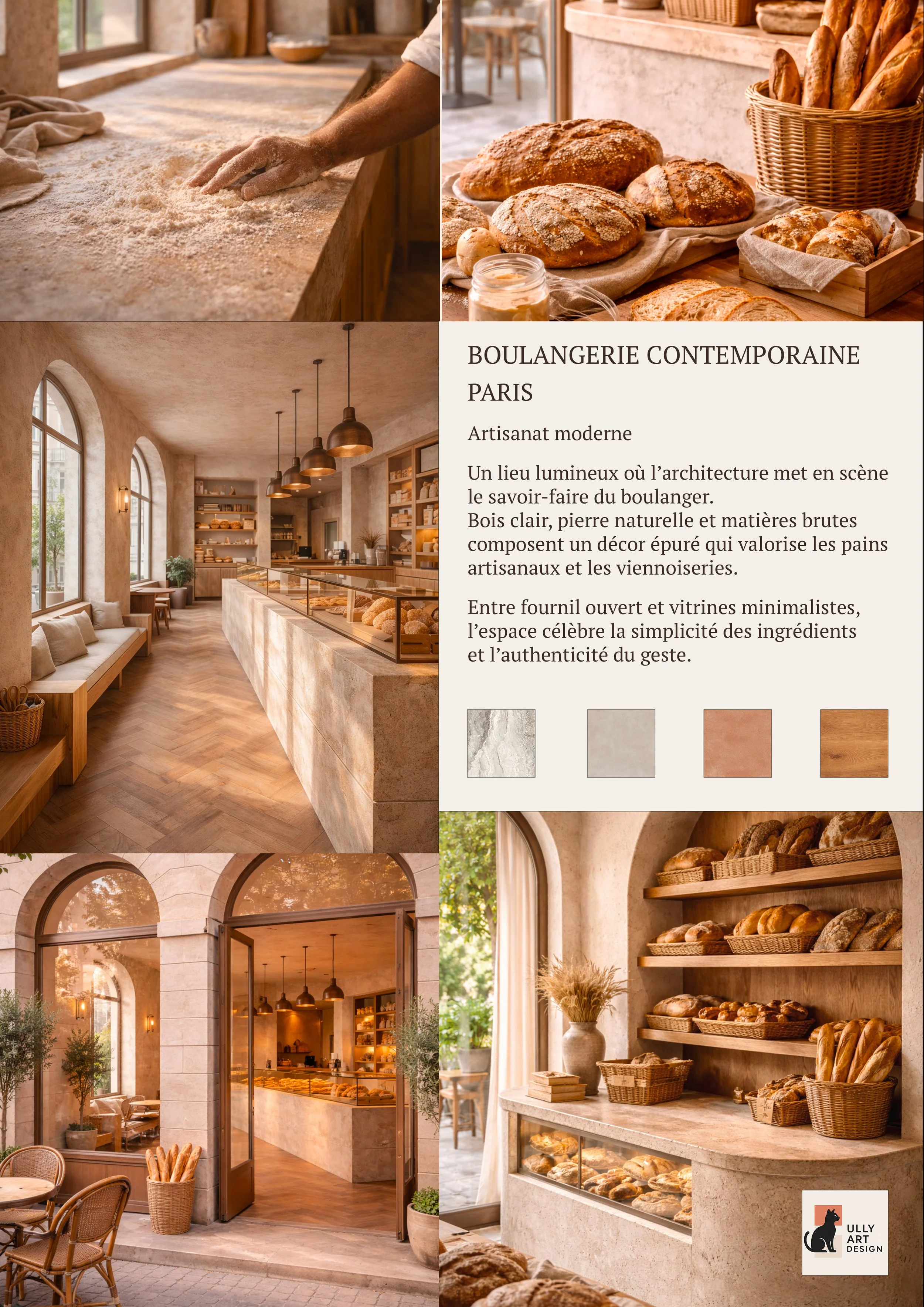 Intérieur d'une boulangerie moderne avec comptoir en pierre, étagères en bois, étalages de pains artisanaux, lumière naturelle et ambiance chaleureuse.