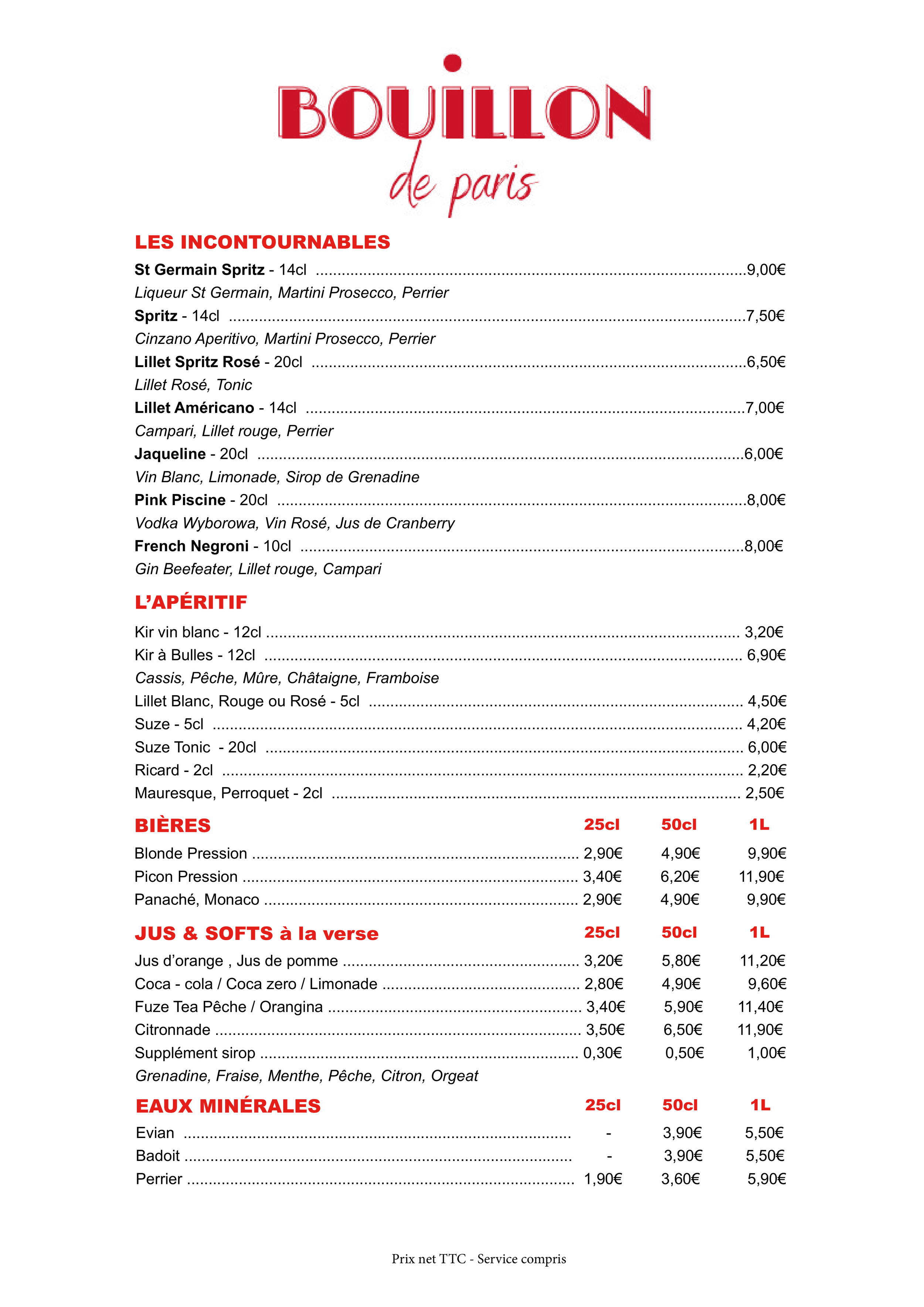 Menu de boissons du Boul'In de Paris avec sections pour incontournable, apéritif, bières, jus et softs, eaux minérales, et prix pour différentes tailles.