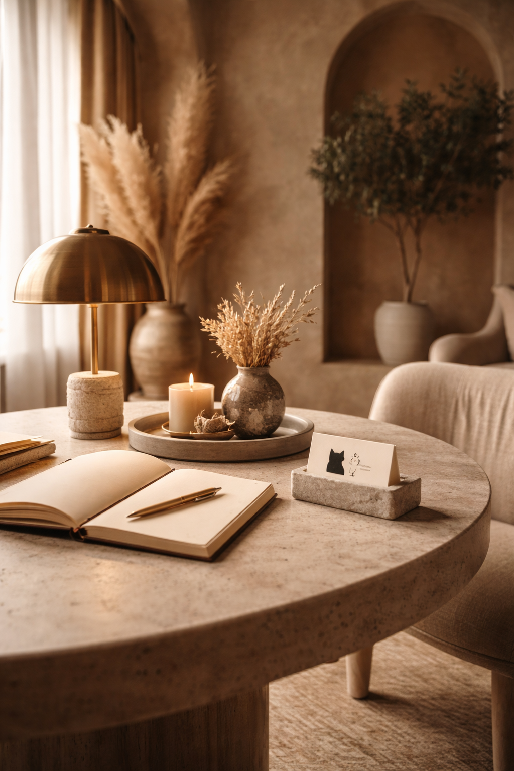 Intérieur chaleureux avec une table en pierre, une lampe en bronze, une bougie allumée, un vase avec des herbes séchées, et un carnet avec un stylo. Décor minimaliste et ambiance cosy.