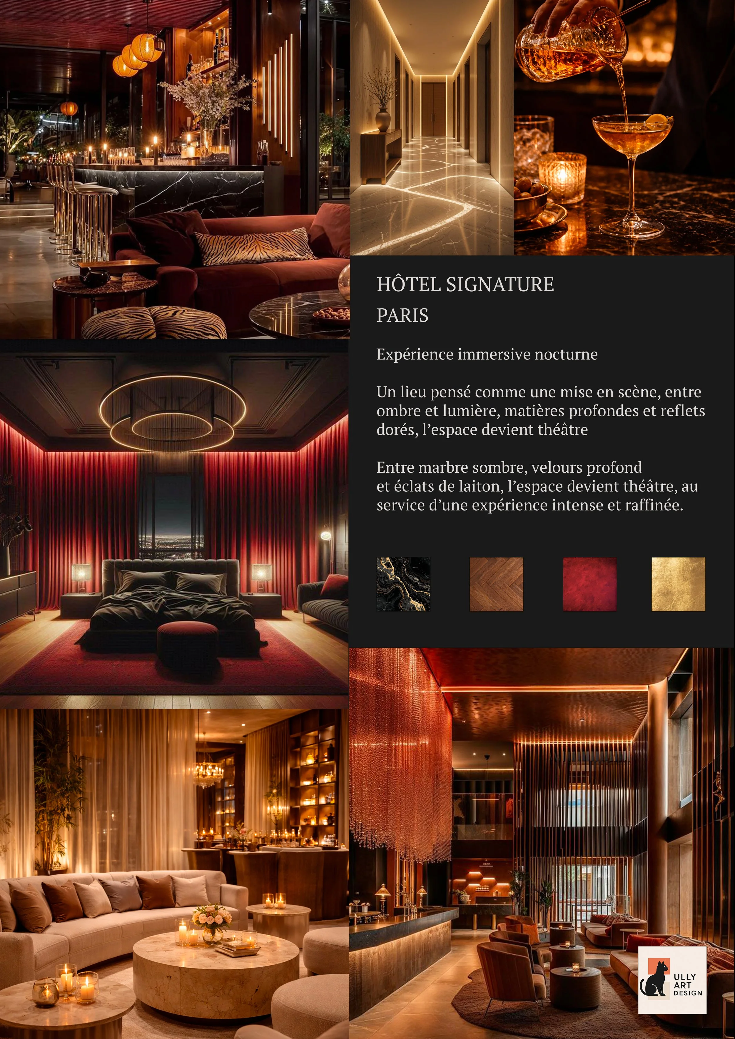 Une affiche publicitaire présentant le design intérieur d'un hôtel luxueux à Paris. La composition inclut plusieurs images de chambres et salons élégants avec un éclairage chaud, meubles sophistiqués, et décorations modernes avec des touches de rouge, or et noir. Le texte décrit une expérience immersive nocturne avec une ambiance théâtre entre lumière et ombre, matières profondes et reflets dorés.
