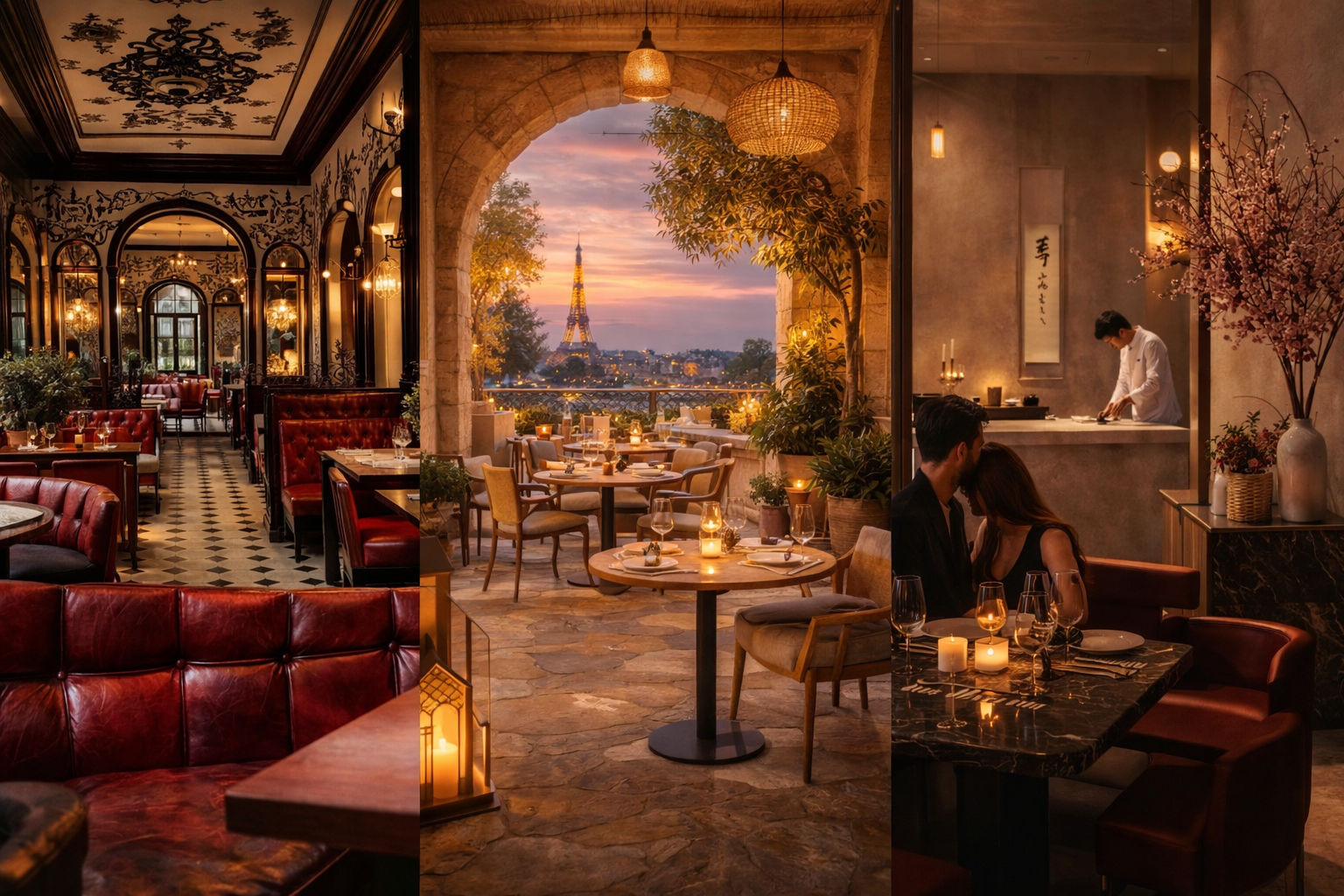 Intérieur d'un restaurant élégant avec une vue sur la Tour Eiffel au coucher du soleil, ambiance chaleureuse avec chandelles, mobilier en bois et décorations modernes.