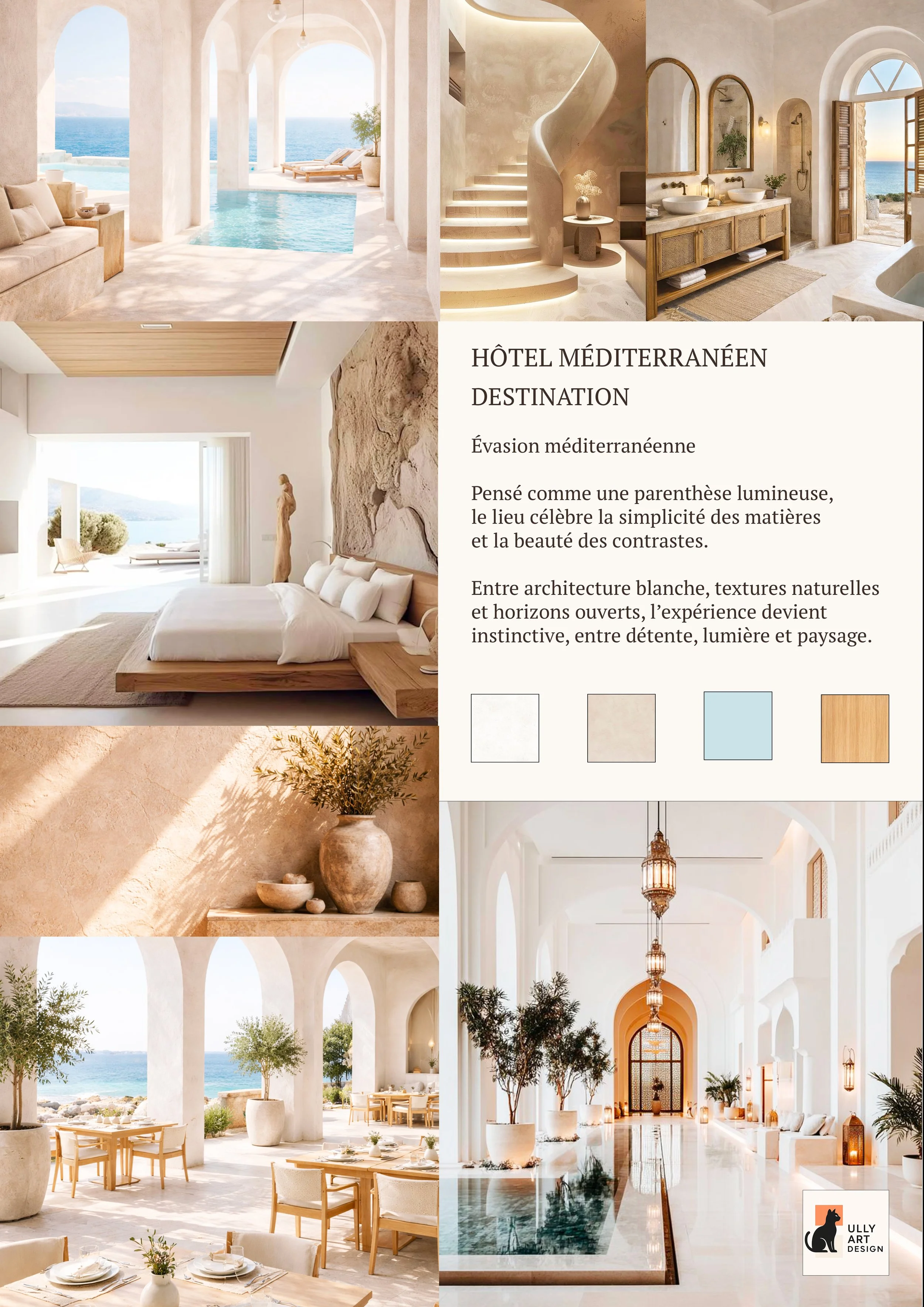 Collection de photos d'un hôtel méditerranéen avec piscine, chambre lumineuse avec vue sur la mer, espace intérieur élégant avec plantes, décoration minimaliste et mobilier en bois, hall lumineux avec grande entrée, et ambiance chaleureuse avec lumière naturelle et décorations en terre cuite.