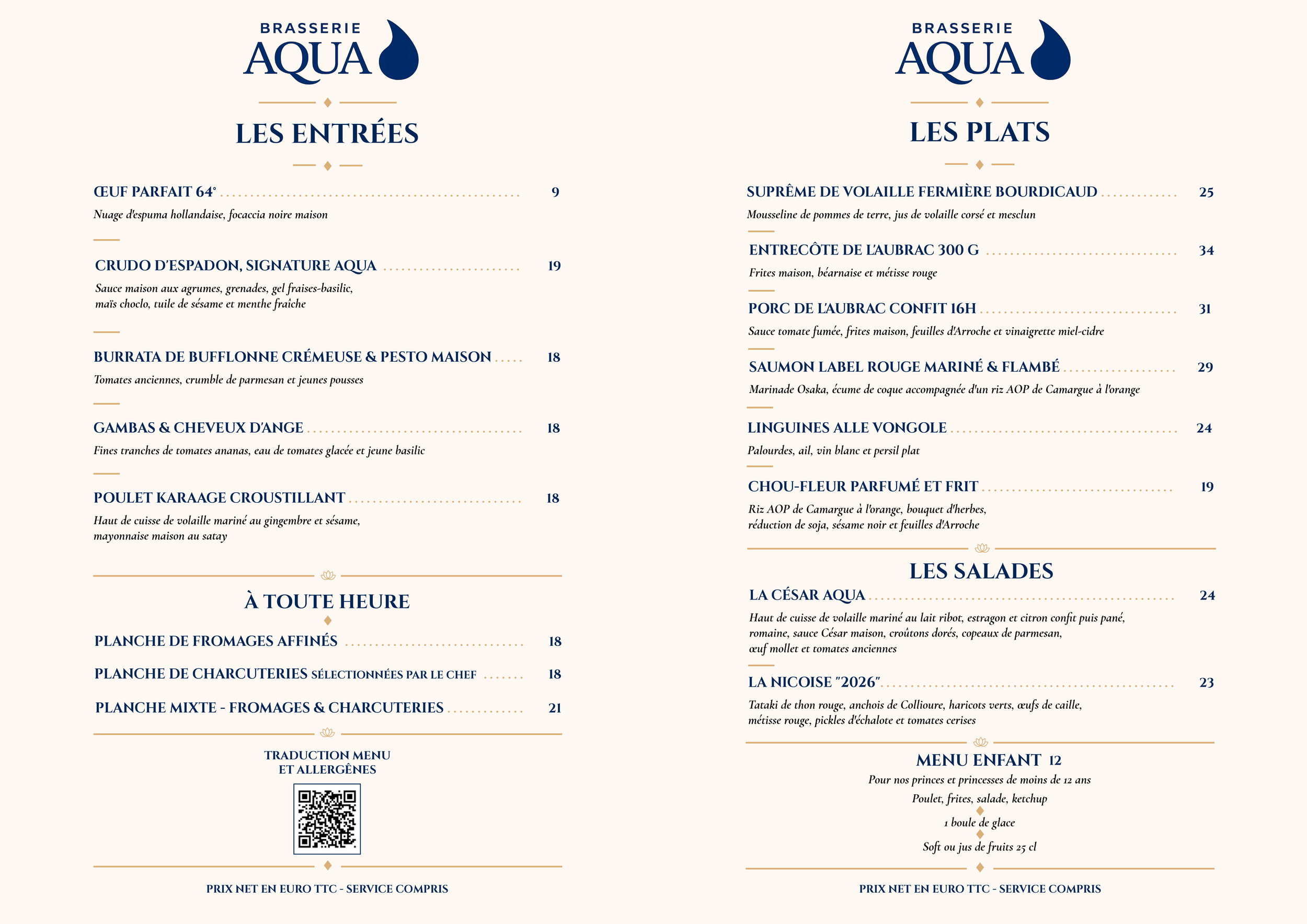 Menu de restaurant avec sections pour les entrées, plats, salades et menu enfant, incluant une liste d'options de plats et leur description en français.