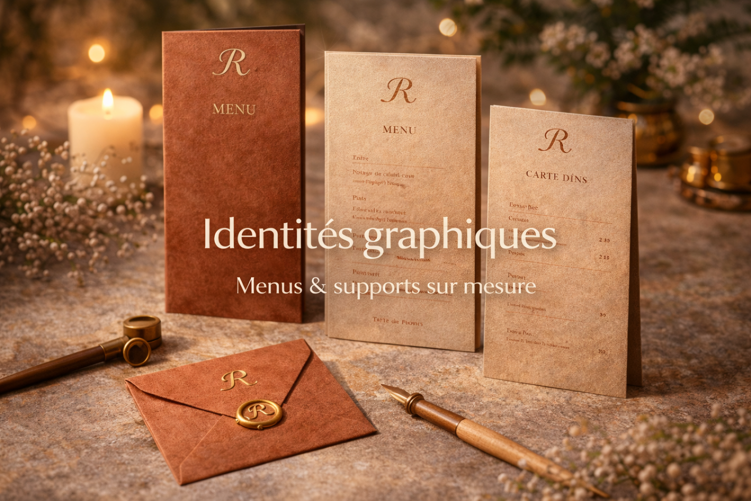Menus de restaurant en papier de couleur marron et beige, accompagnés d'une lettre cachetée et d'un stylo en bois, disposés sur une surface en pierre avec une bougie allumée et des fleurs blanches en arrière-plan.