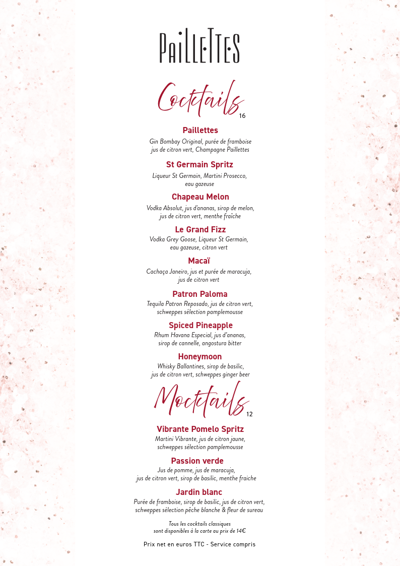 Menu de cocktails et mocktails avec différentes recettes de boissons, titre 'Paillettes'.