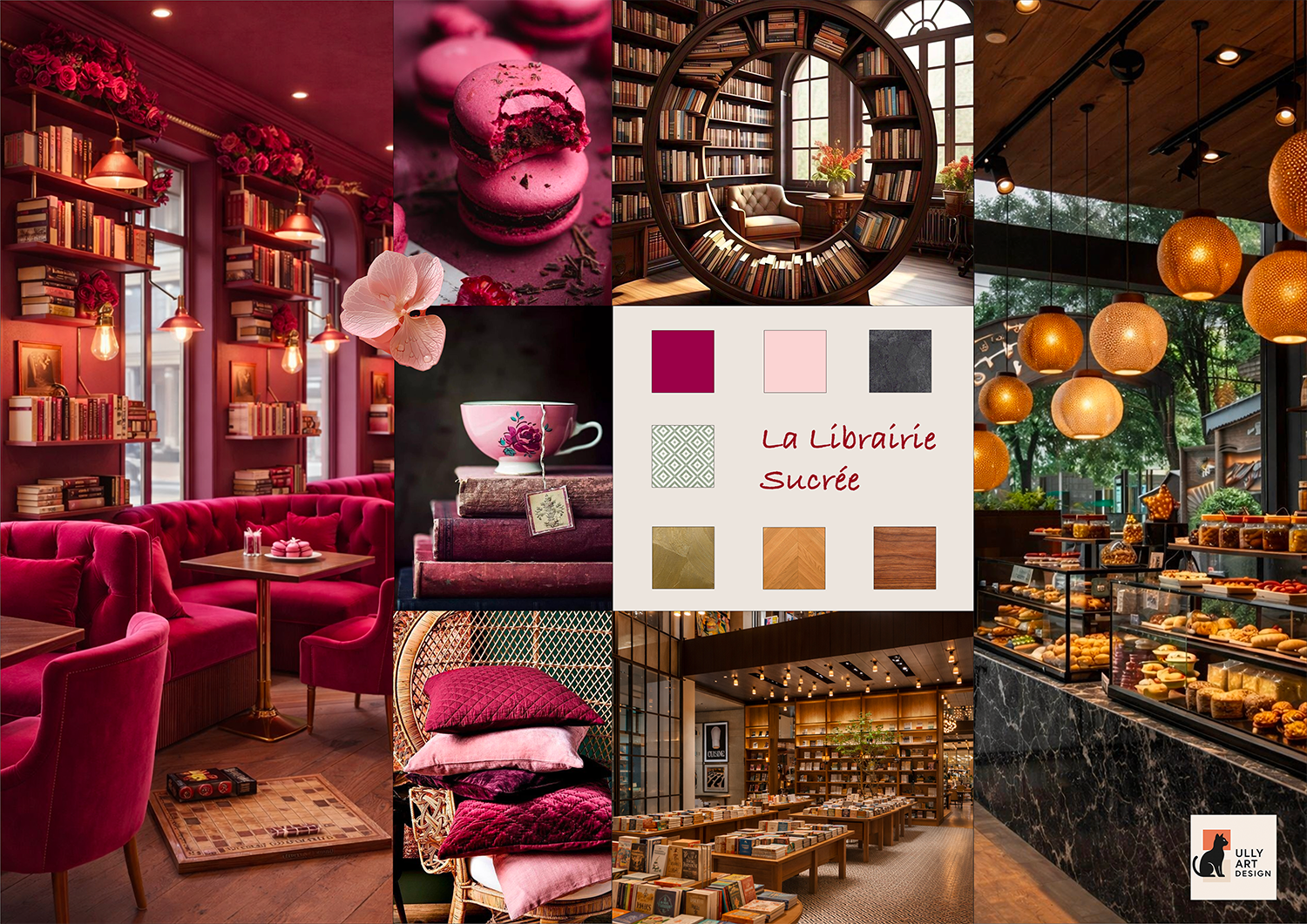 Collage intérieur d'une librairie chaleureuse avec des étagères remplies de livres, des lampes suspendues, une section café avec tasses et pâtisseries, et des zones de lecture confortable. Palette de couleurs dans les tons de rouge, rose, noir, or et beige, avec un style élégant et cosy.