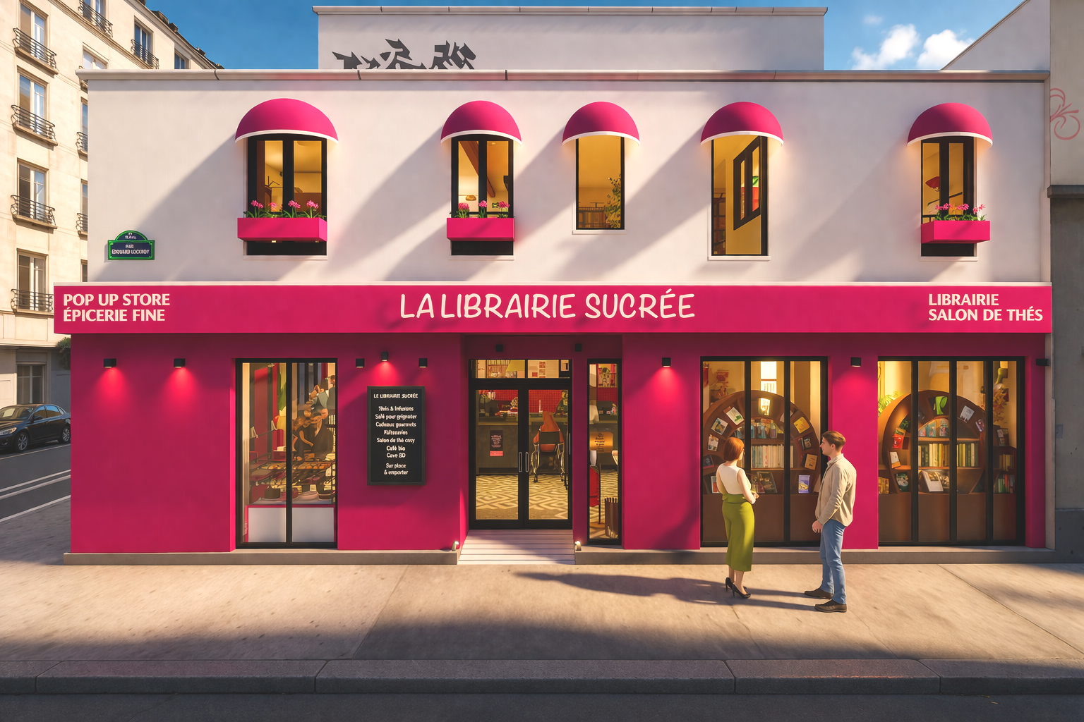 Façade d'une librairie colorée en rose avec des fenêtres en arc et des plantes en pot. Deux personnes discutent devant l'entrée.