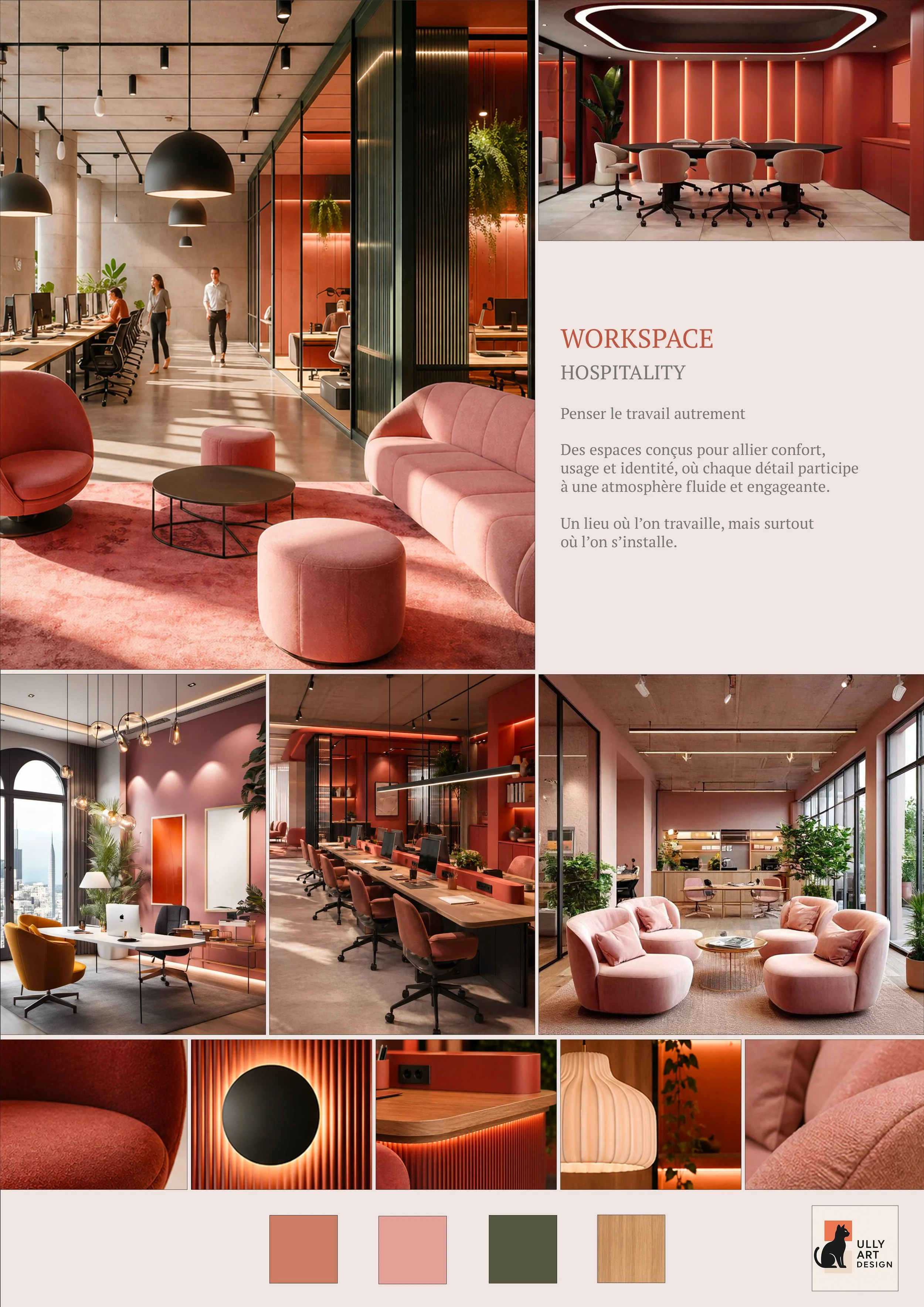 Collage de divers espaces de bureau modernes avec des couleurs chaudes comme le corail, le rose et le terracotta, comprenant un espace de travail partagé, une salle de réunion, un coin détente avec canapé rose, et des détails de design intérieur tels que des lampes suspendues, des plantes et des meubles élégants.