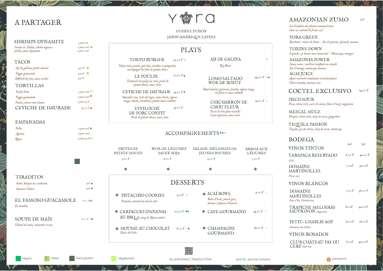 Carte du restaurant Yora proposant des plats japonais et latino-américains, avec sections pour partager, plats, accompagnements, desserts, boissons et vins, décor tropical avec motifs de feuilles
