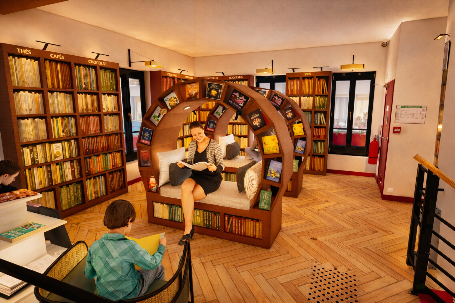Une femme et deux enfants dans une bibliothèque. La femme est assise dans un fauteuil en forme de bibliothèque ronde, lisant un livre, tandis que les enfants lisent ou regardent des livres dans la pièce. Les étagères sont remplies de livres et la salle est bien éclairée.