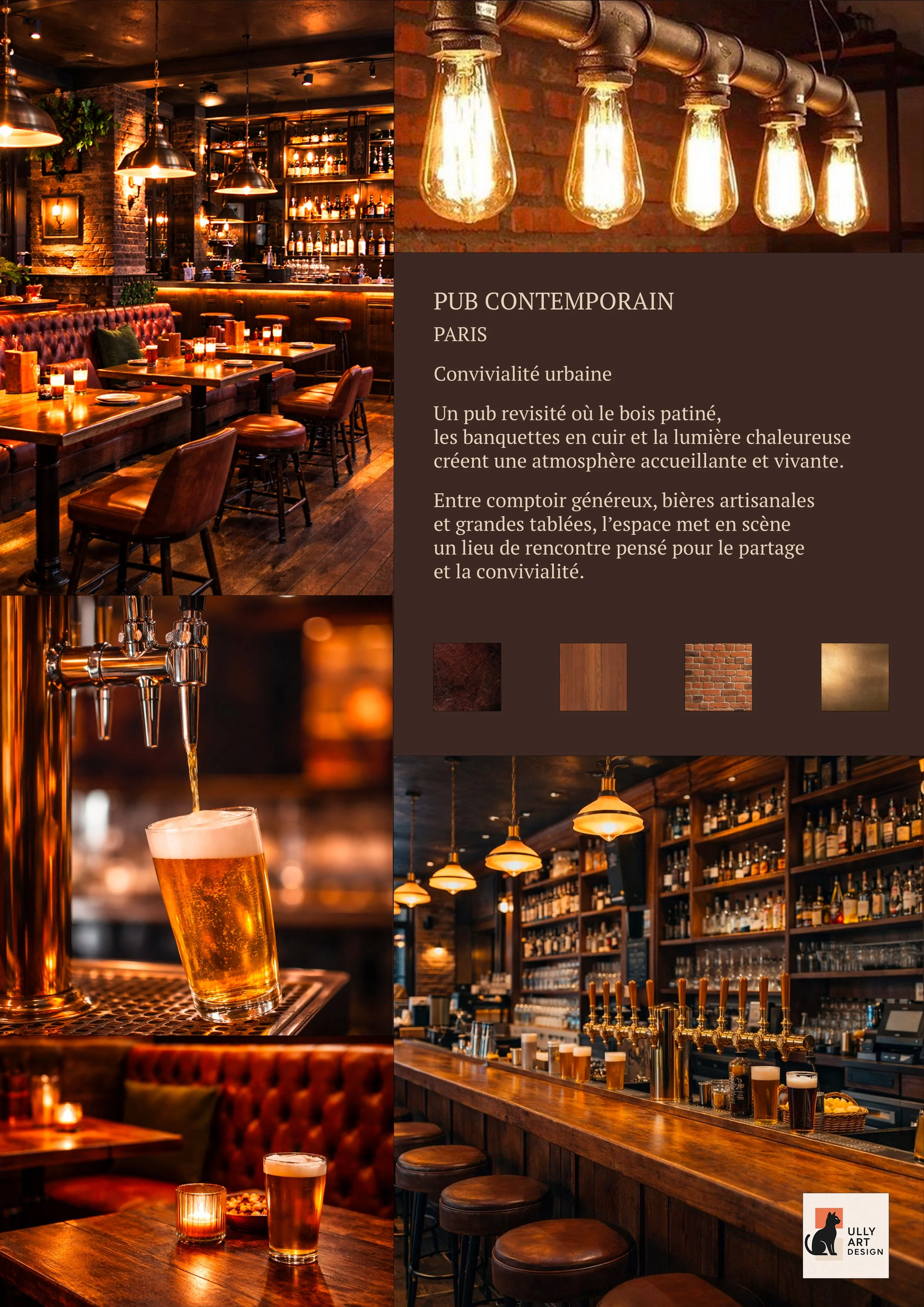 Une affiche promotionnelle présentant un pub contemporain à Paris avec des images intérieur d'un bar élégant en bois avec assises en cuir, des lampes en filament éclairées, un comptoir de bar avec plusieurs robinets à bière, et une bière en train d'être versée. Le texte décrit l'ambiance chaleureuse et conviviale, mettant en avant une atmosphère urbaine, le bois, la pierre et l'éclairage chaud.
