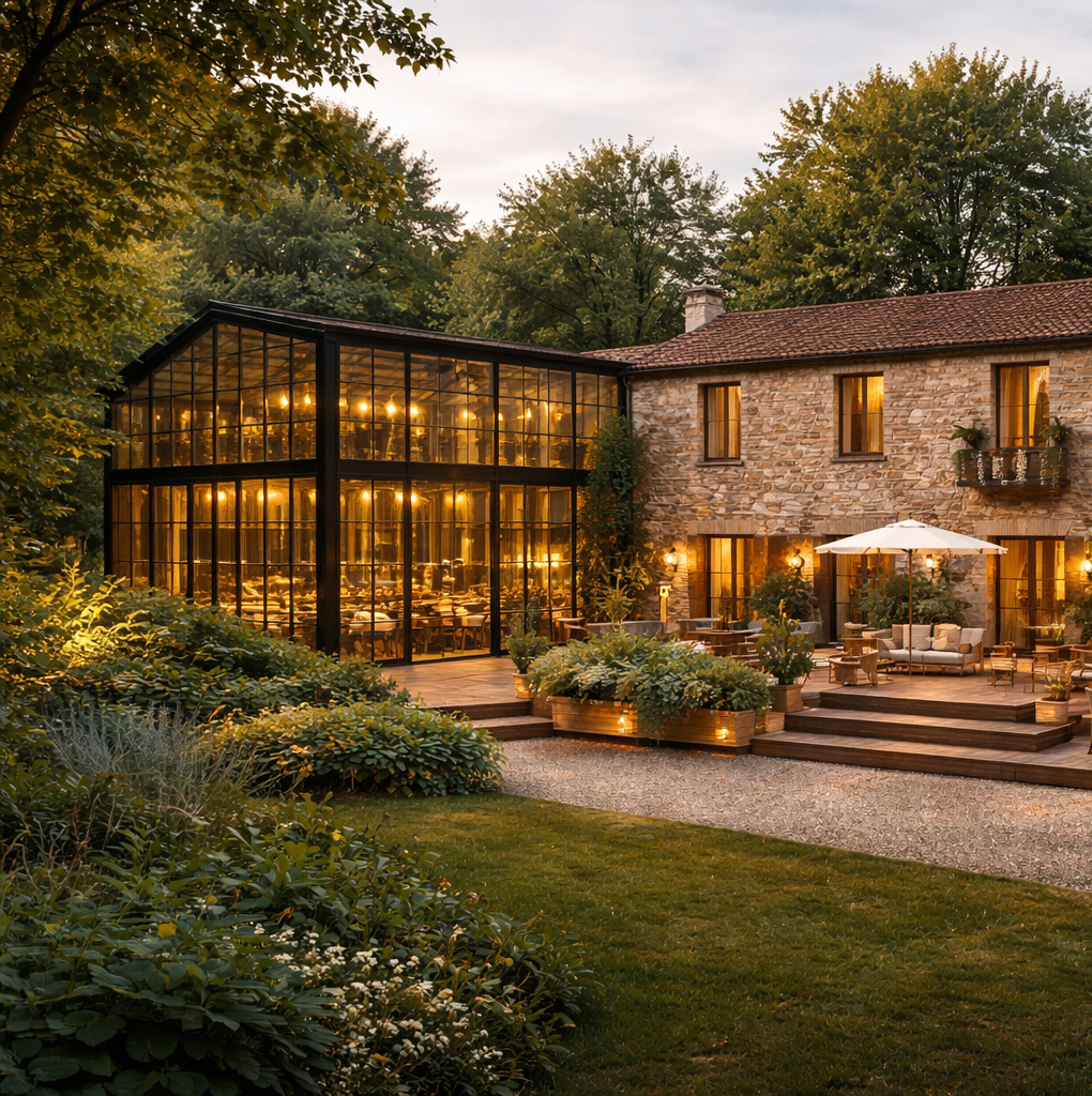 Une grande maison en pierre avec une extension en verre illuminée l'intérieur, entourée d'une terrasse avec des meubles et un parasol, dans un jardin verdoyant au crépuscule.
